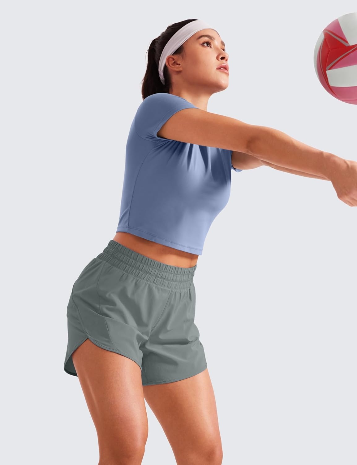 image:imageCRZ YOGA Dolphin Athletic Shorts for Women 5 Mid Waisted Quick Dry for Running Workout Gym Track with Zip PocketGrey Sage
