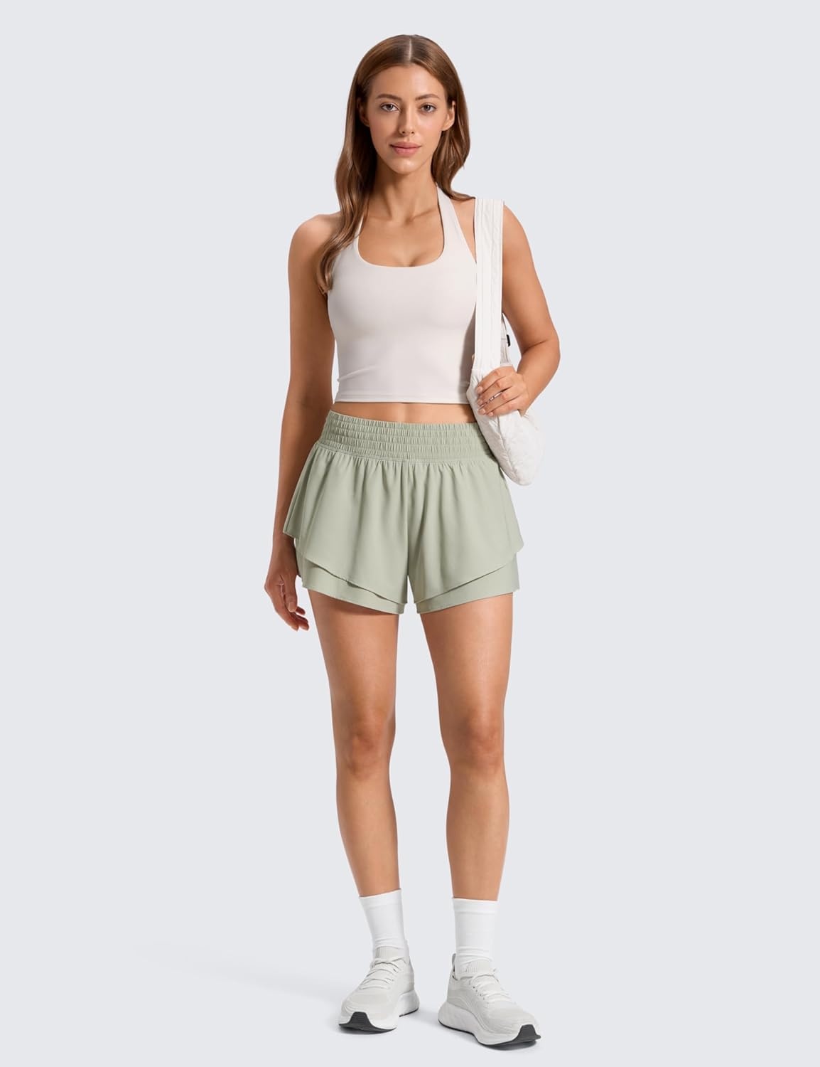image:imageCRZ YOGA Drapey Double Ruffles Athletic Shorts for Women 25 High Waisted Flowy Tennis Workout Running Tiered SkortsFog Green