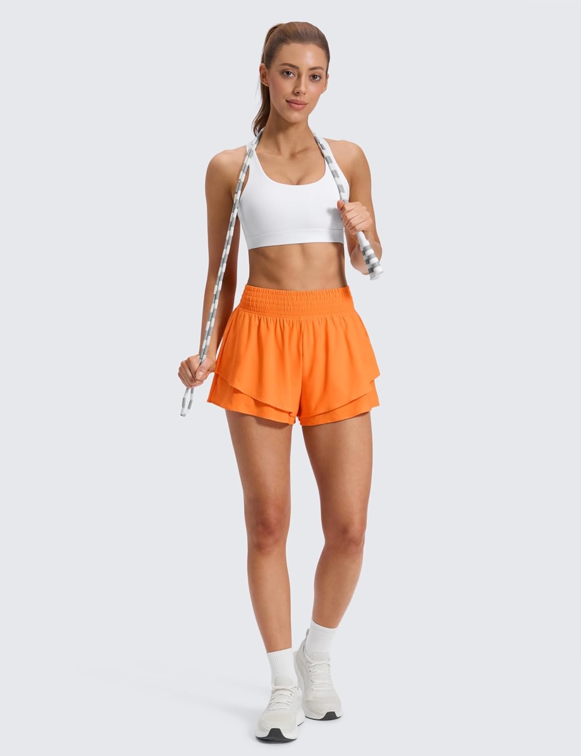 image:imageCRZ YOGA Drapey Double Ruffles Athletic Shorts for Women 25 High Waisted Flowy Tennis Workout Running Tiered SkortsSparkle Orange