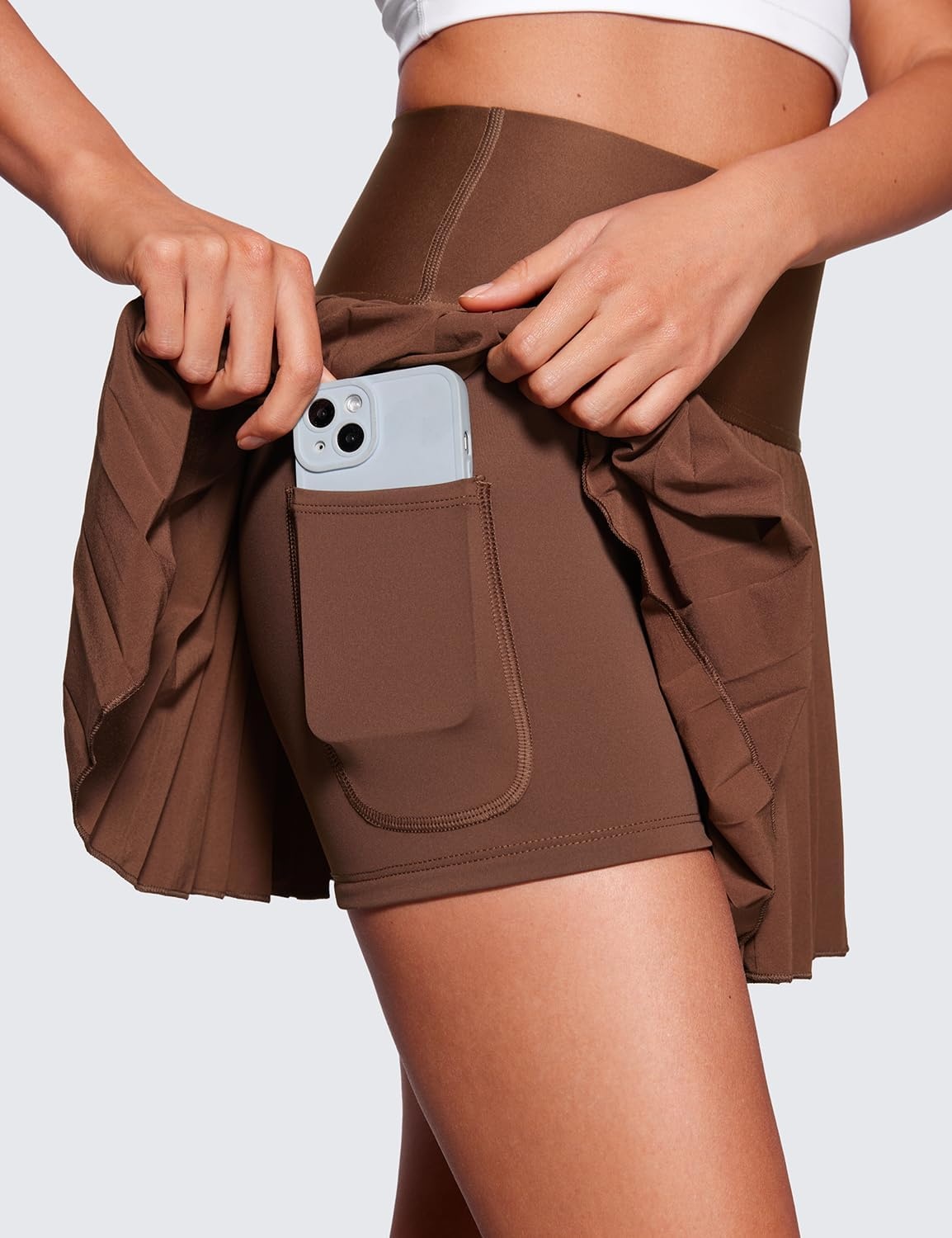 image:imageCRZ YOGA High Waisted Pleated Tennis Skirts for Women Mini Lined Casual Tummy Control Skort with PocketsCoffee Brown