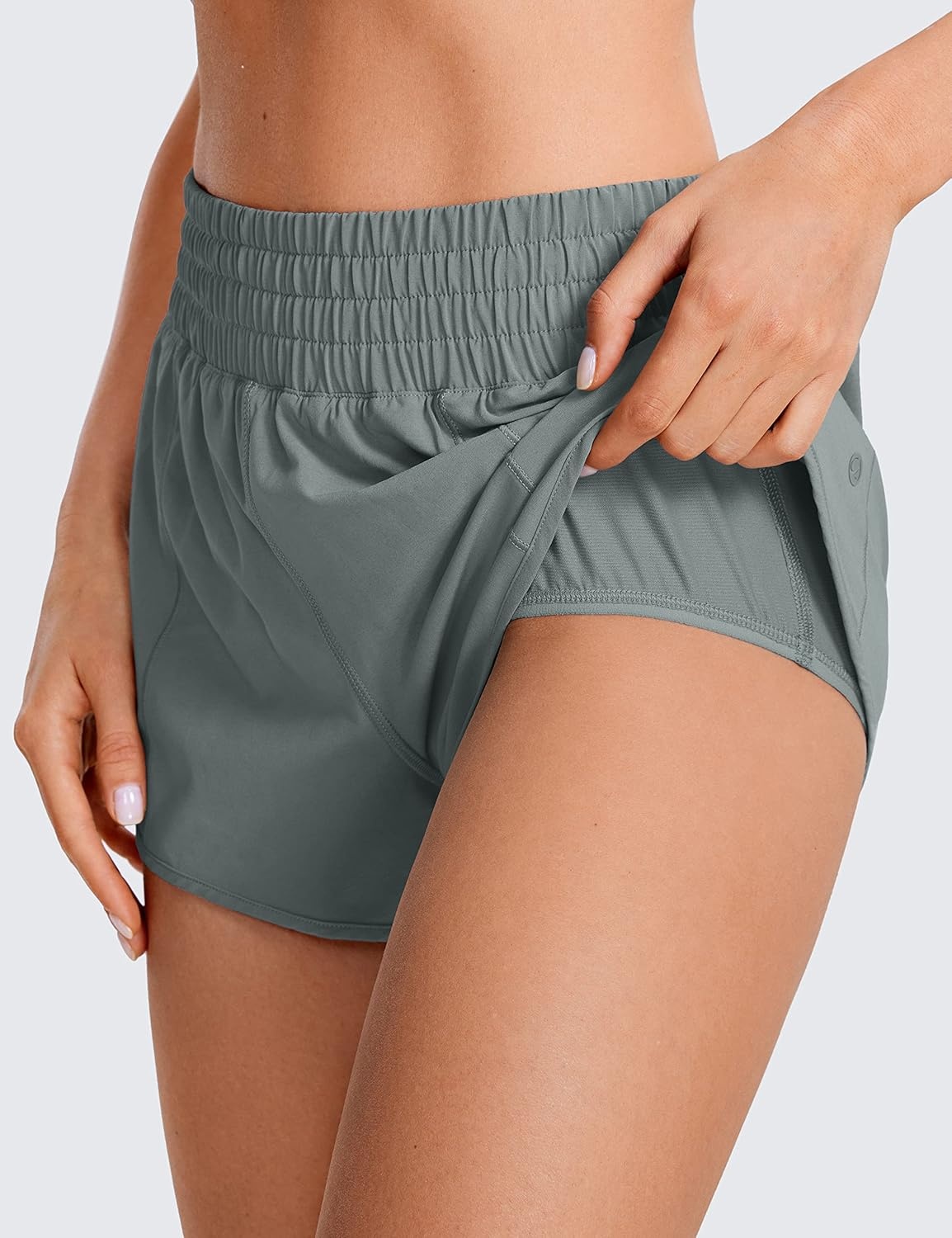 image:imageCRZ YOGA High Waisted Running Shorts for Women 25 Mesh Liner Quick Dry for Workout Sport Athletic with Zipper PocketGrey Sage