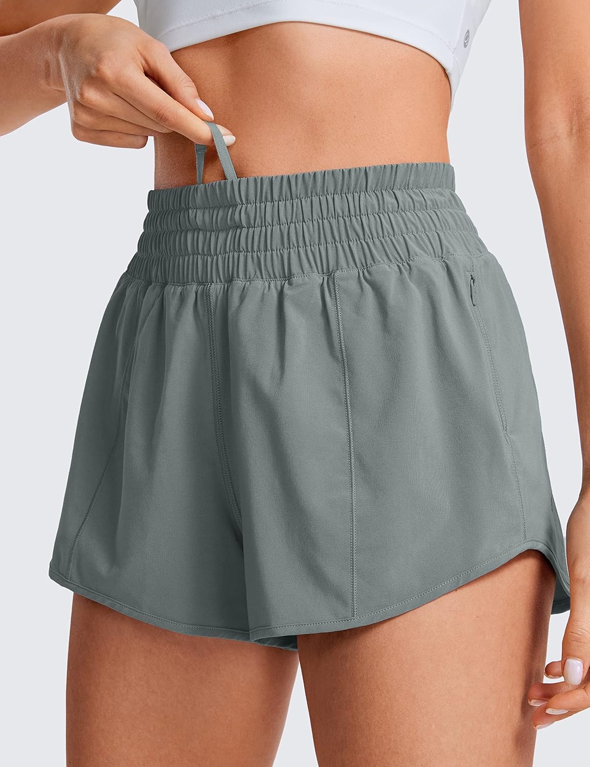 image:imageCRZ YOGA High Waisted Running Shorts for Women 25 Mesh Liner Quick Dry for Workout Sport Athletic with Zipper PocketGrey Sage
