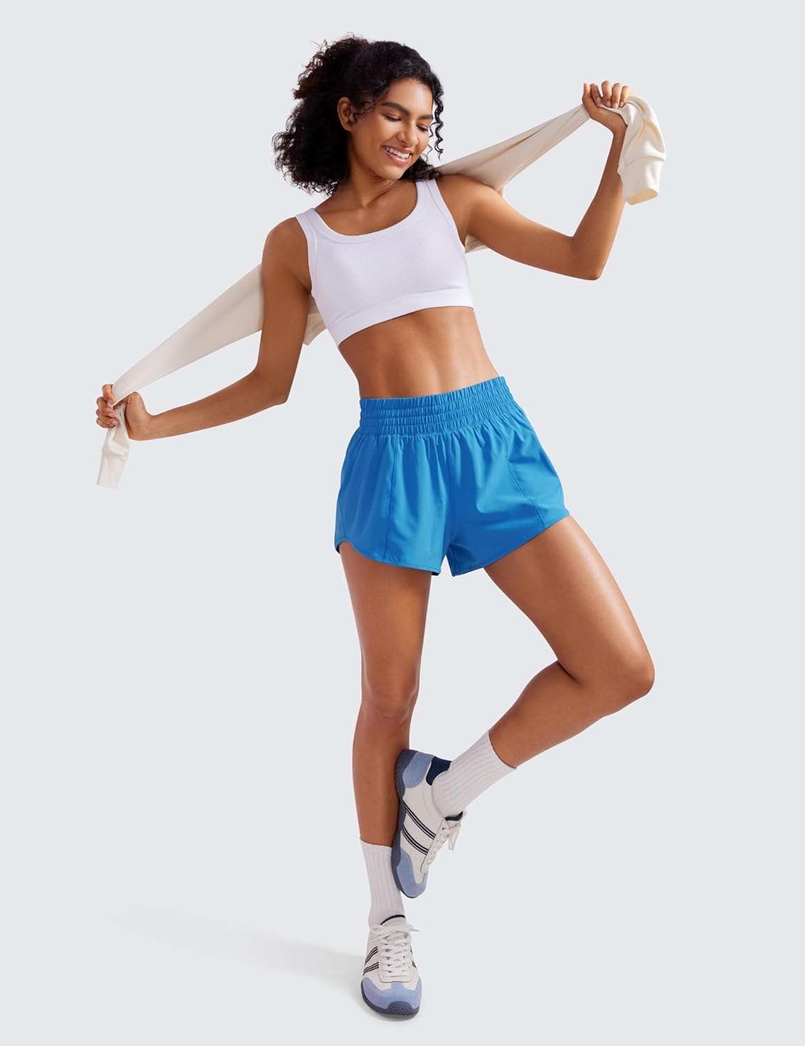 image:imageCRZ YOGA High Waisted Running Shorts for Women 25 Mesh Liner Quick Dry for Workout Sport Athletic with Zipper PocketMadagascar Blue