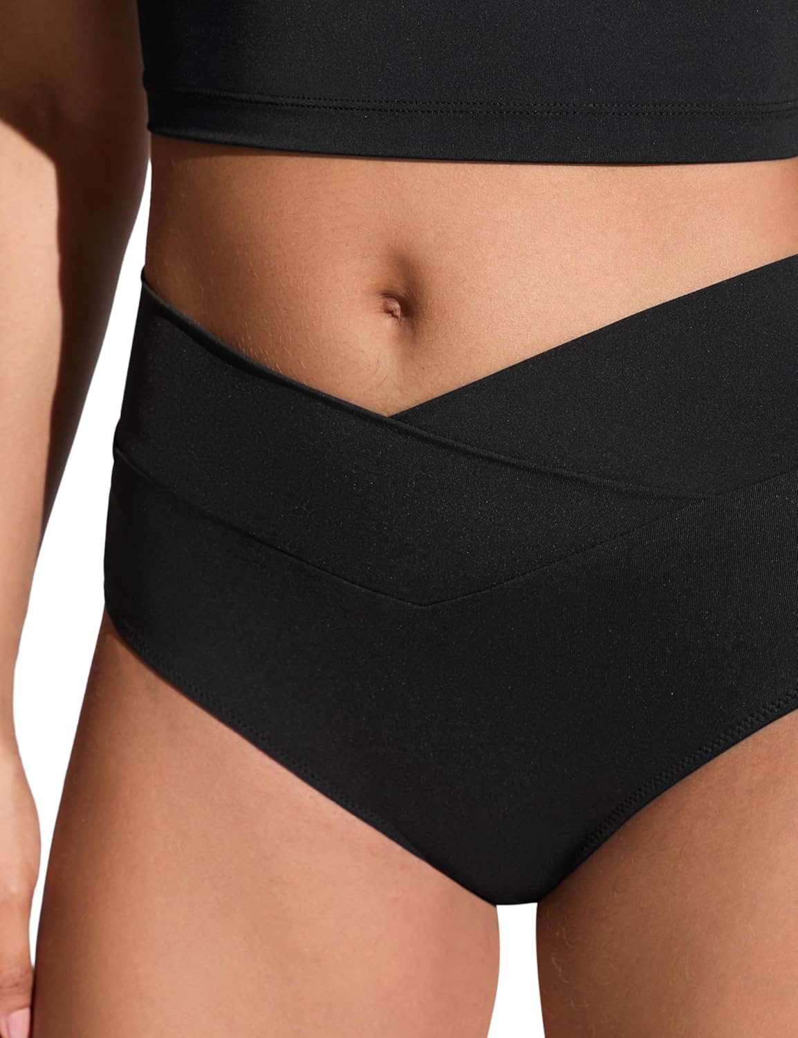 image:imageCRZ YOGA High Waisted V Cut Bikini Bottom for Women Cross Front Bathing Swimsuit Full Coverage Swim BriefsBlack