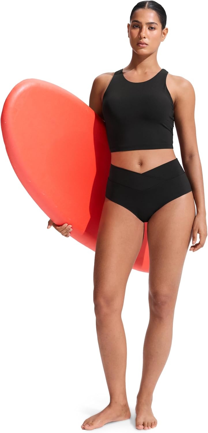 image:imageCRZ YOGA High Waisted V Cut Bikini Bottom for Women Cross Front Bathing Swimsuit Full Coverage Swim BriefsBlack
