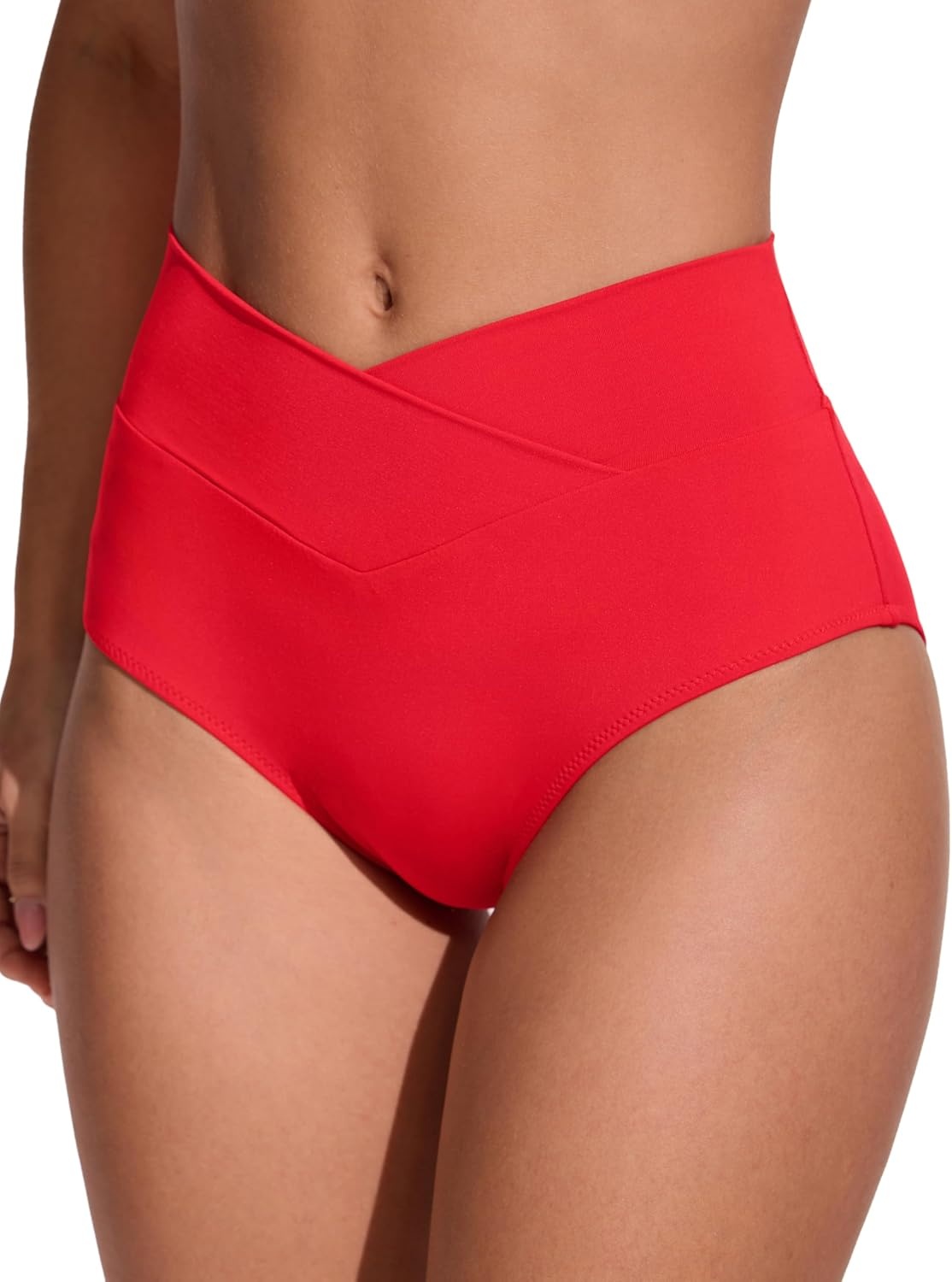 image:imageCRZ YOGA High Waisted V Cut Bikini Bottom for Women Cross Front Bathing Swimsuit Full Coverage Swim BriefsDeep Red