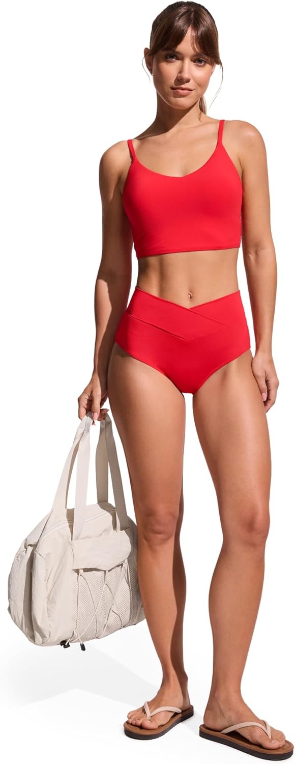 image:imageCRZ YOGA High Waisted V Cut Bikini Bottom for Women Cross Front Bathing Swimsuit Full Coverage Swim BriefsDeep Red