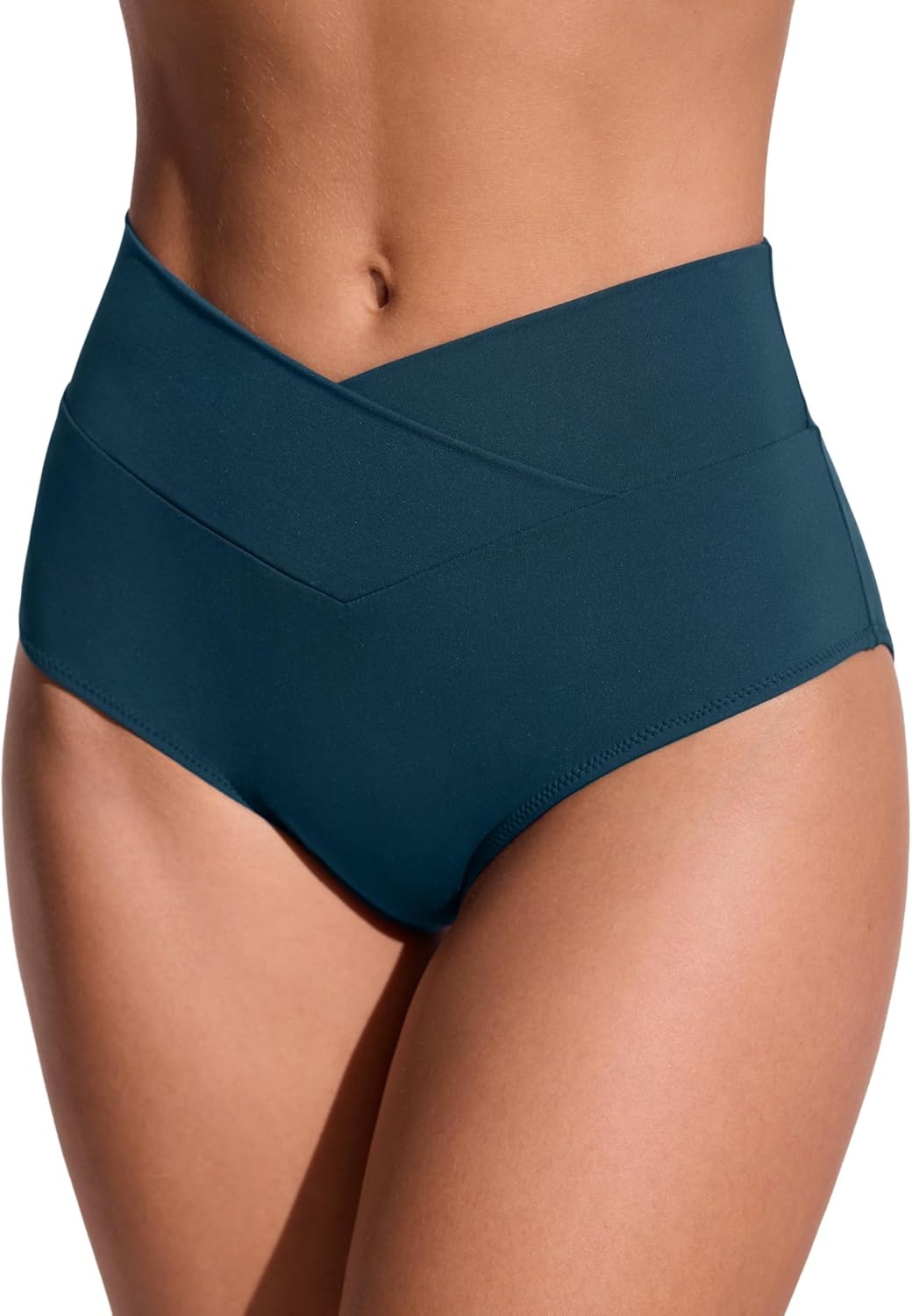 image:imageCRZ YOGA High Waisted V Cut Bikini Bottom for Women Cross Front Bathing Swimsuit Full Coverage Swim BriefsInsignia Blue