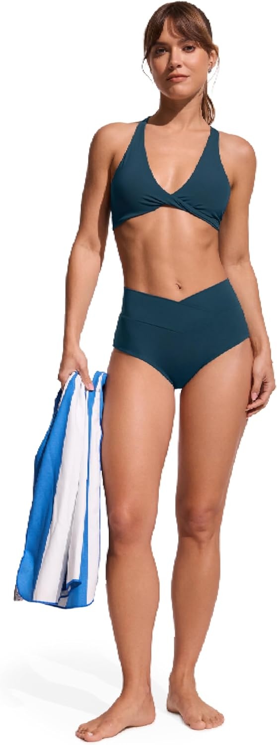 image:imageCRZ YOGA High Waisted V Cut Bikini Bottom for Women Cross Front Bathing Swimsuit Full Coverage Swim BriefsInsignia Blue