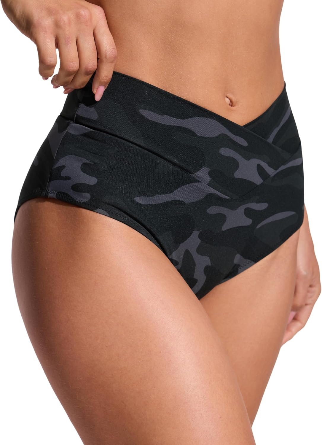 image:imageCRZ YOGA High Waisted V Cut Bikini Bottom for Women Cross Front Bathing Swimsuit Full Coverage Swim BriefsJungle Camouflage Gray
