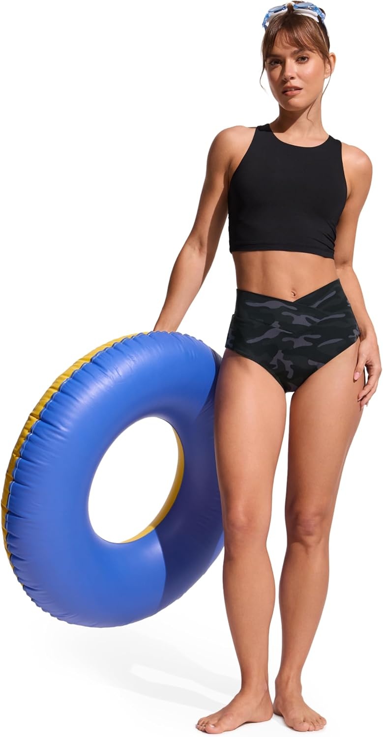 image:imageCRZ YOGA High Waisted V Cut Bikini Bottom for Women Cross Front Bathing Swimsuit Full Coverage Swim BriefsJungle Camouflage Gray