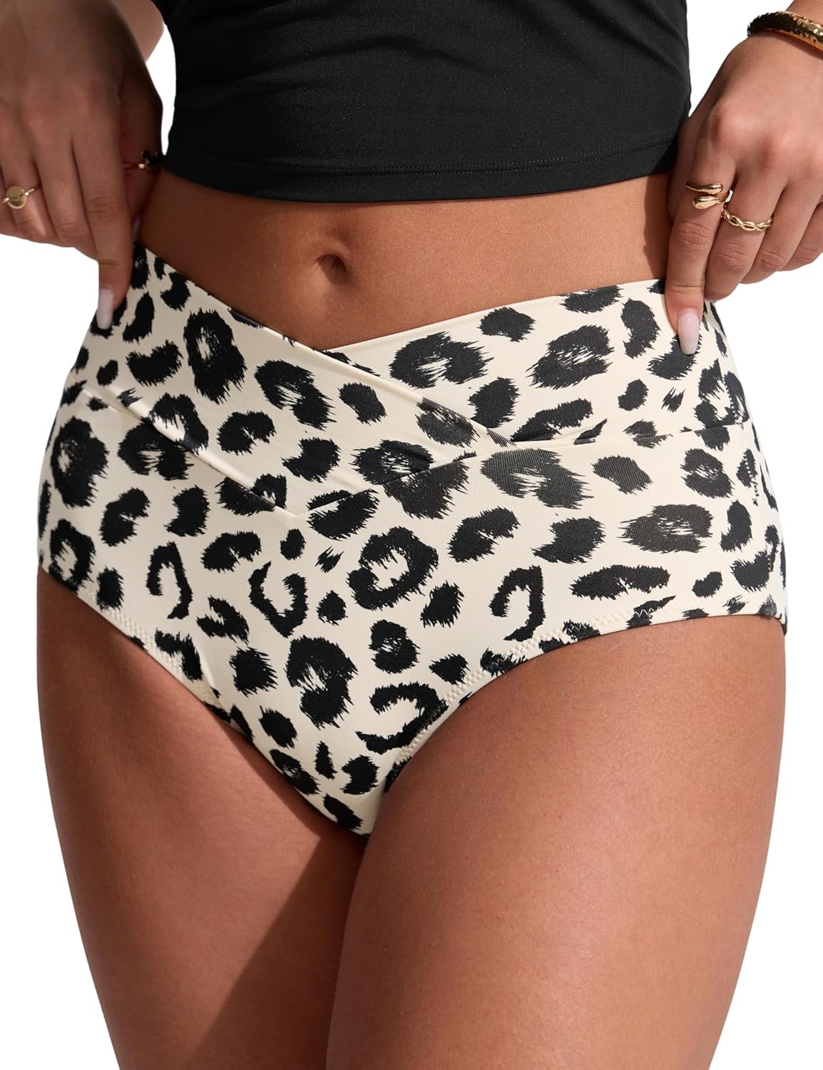 image:imageCRZ YOGA High Waisted V Cut Bikini Bottom for Women Cross Front Bathing Swimsuit Full Coverage Swim BriefsPrimulin Leopard Print