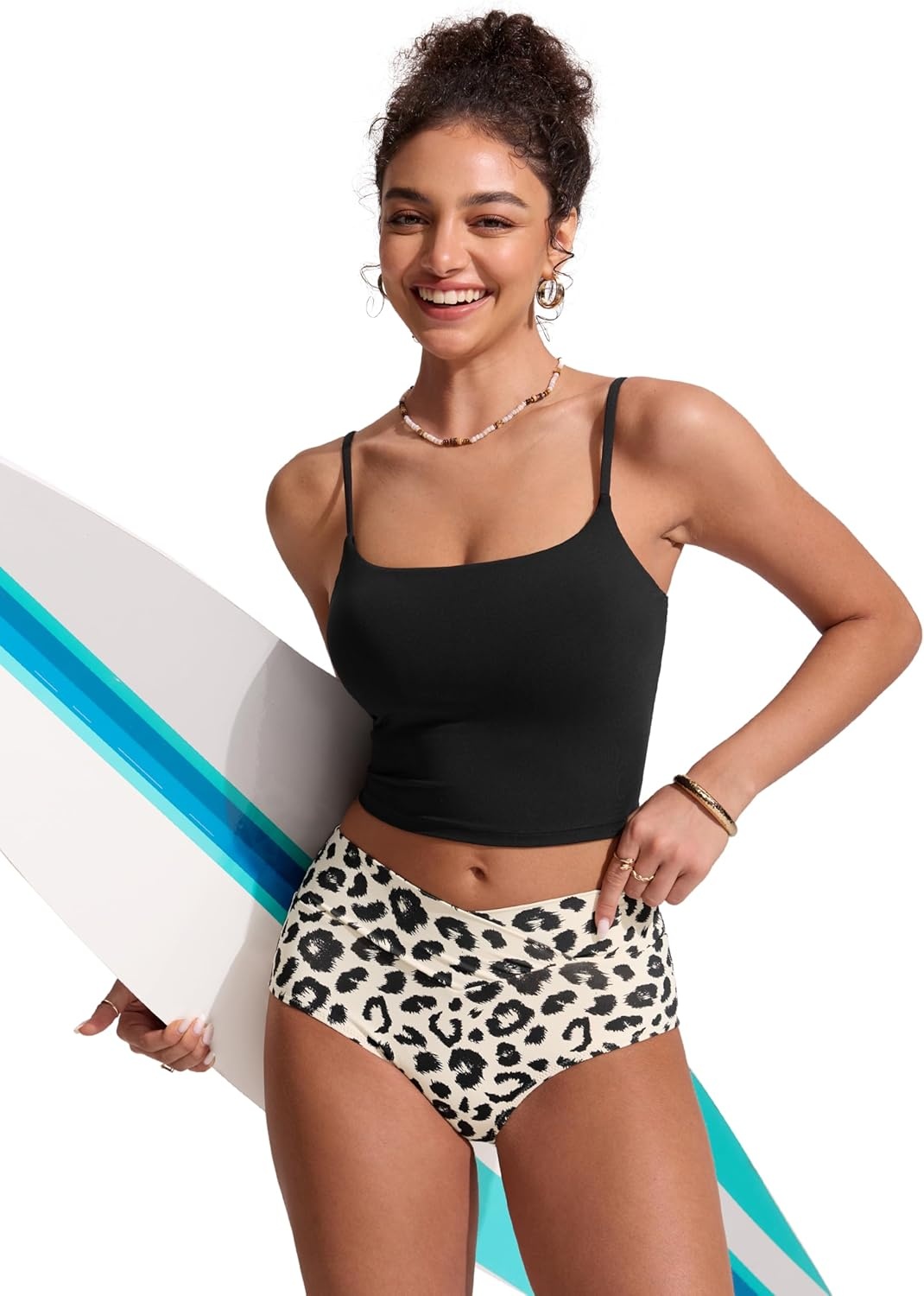 image:imageCRZ YOGA High Waisted V Cut Bikini Bottom for Women Cross Front Bathing Swimsuit Full Coverage Swim BriefsPrimulin Leopard Print