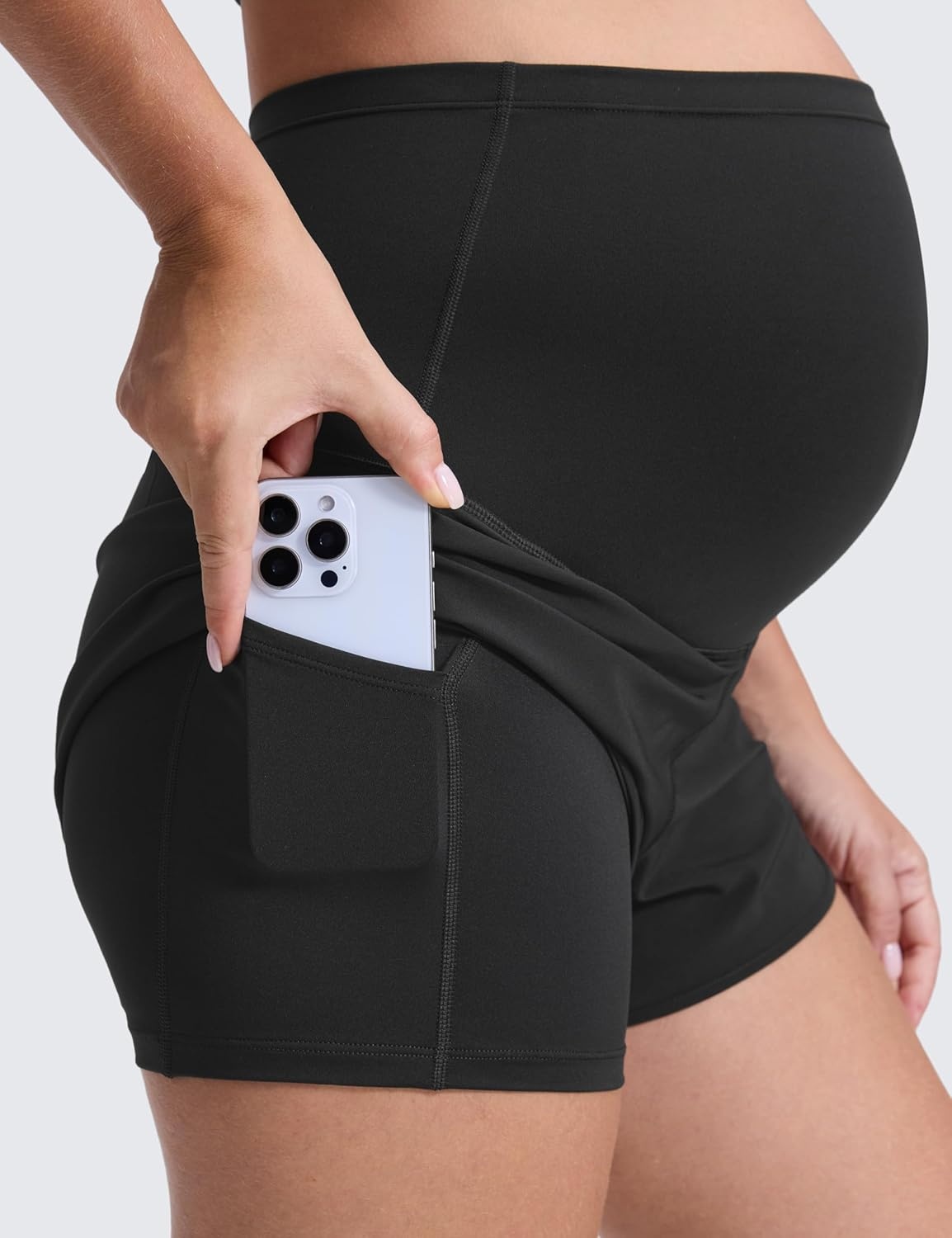 image:imageCRZ YOGA Lightweight Maternity Dolphin Workout Shorts 3 Soft Athletic Running Casual Womens Pregnancy with Liner PocketsBlack