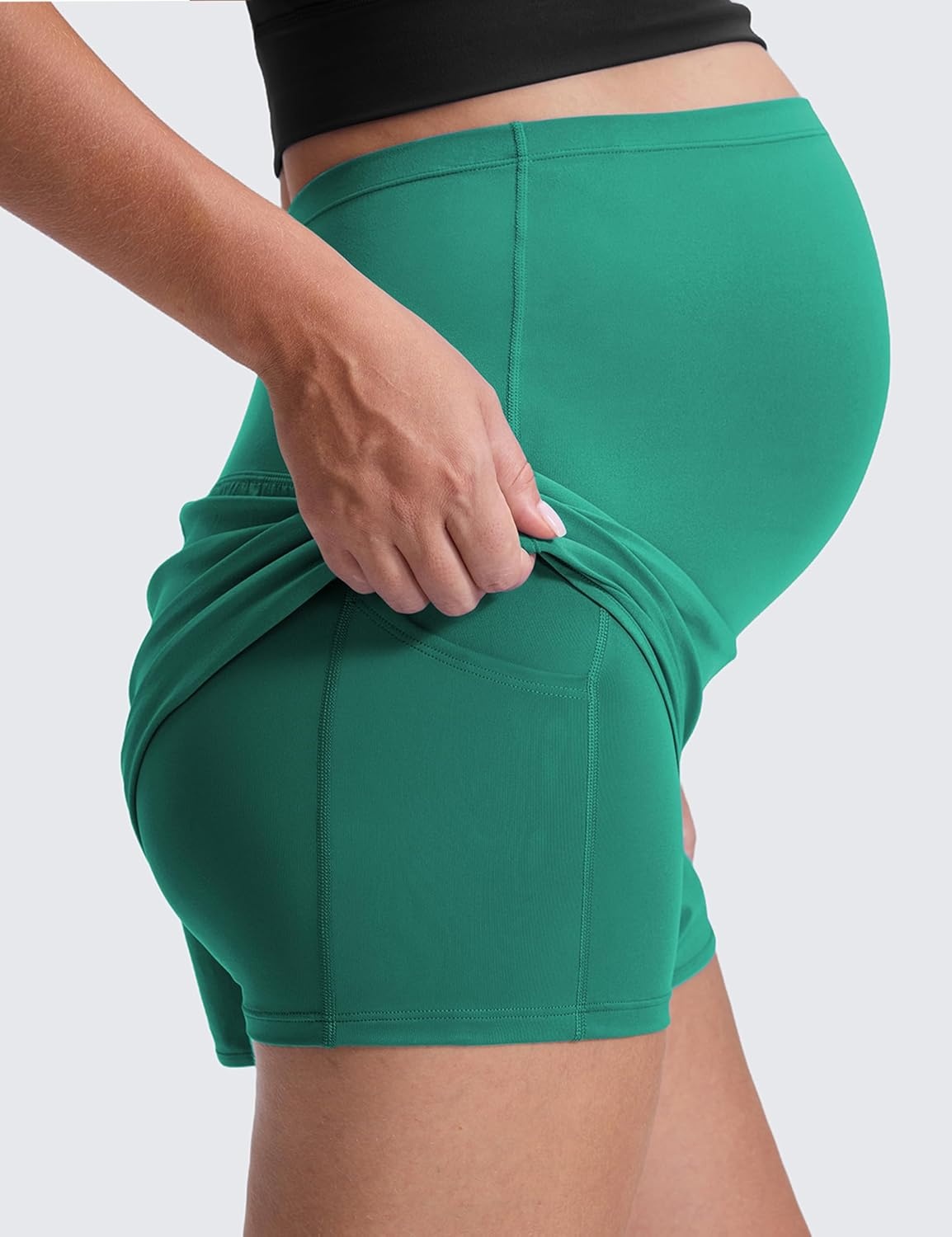image:imageCRZ YOGA Lightweight Maternity Dolphin Workout Shorts 3 Soft Athletic Running Casual Womens Pregnancy with Liner PocketsCascadia Green