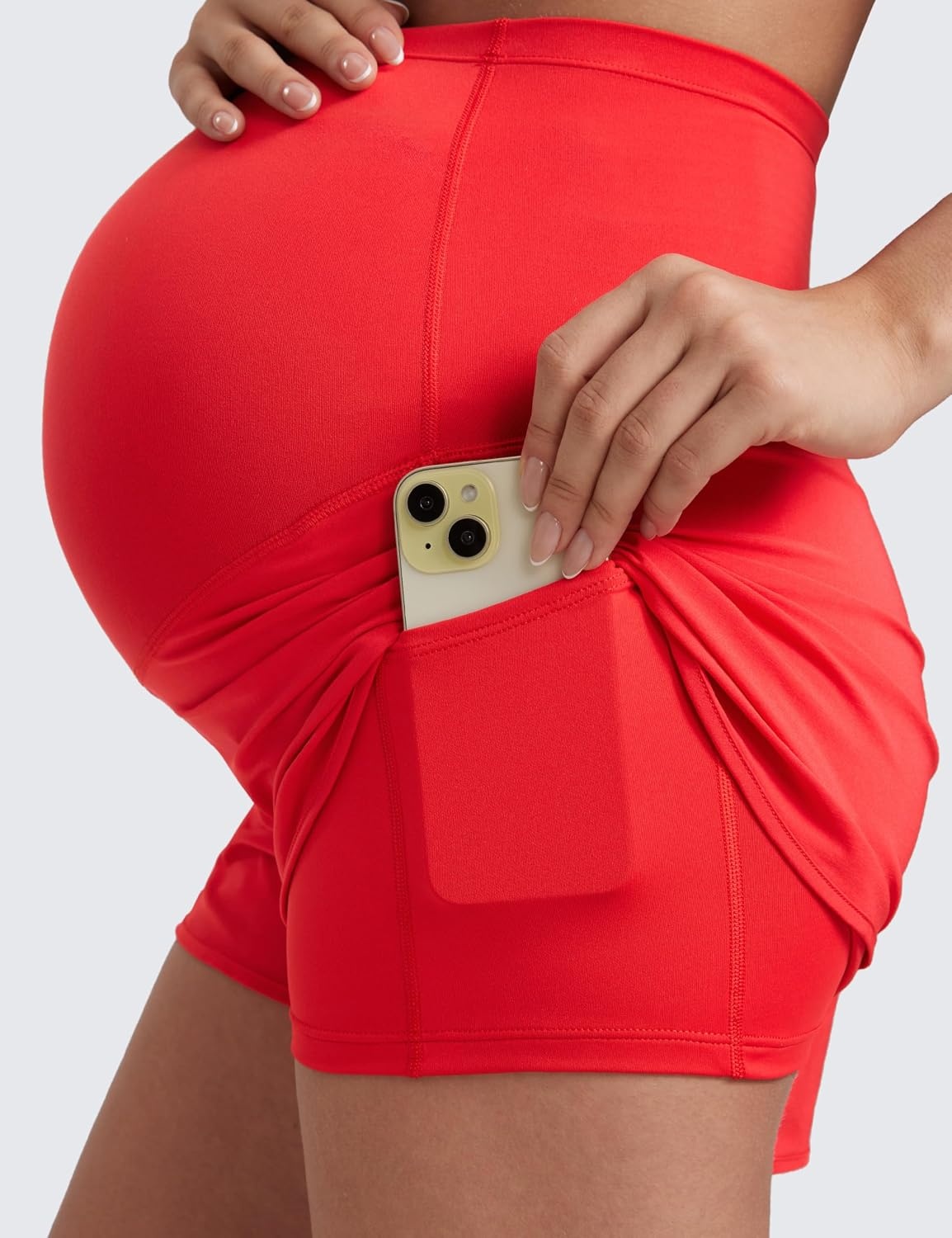 image:imageCRZ YOGA Lightweight Maternity Dolphin Workout Shorts 3 Soft Athletic Running Casual Womens Pregnancy with Liner PocketsDeep Red