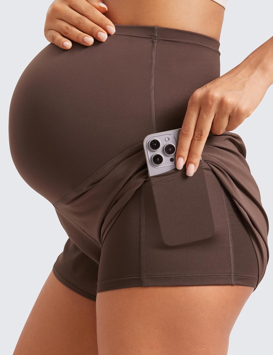 image:imageCRZ YOGA Lightweight Maternity Dolphin Workout Shorts 3 Soft Athletic Running Casual Womens Pregnancy with Liner PocketsHot Fudge Brown