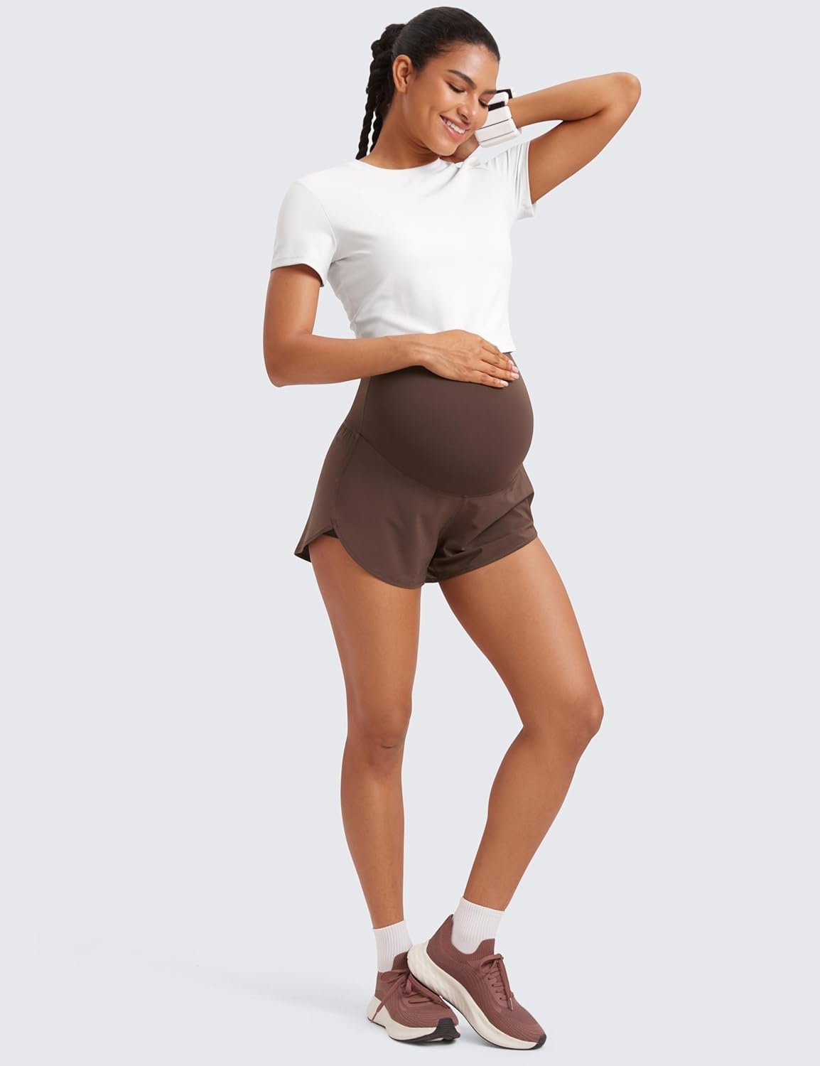 image:imageCRZ YOGA Lightweight Maternity Dolphin Workout Shorts 3 Soft Athletic Running Casual Womens Pregnancy with Liner PocketsHot Fudge Brown
