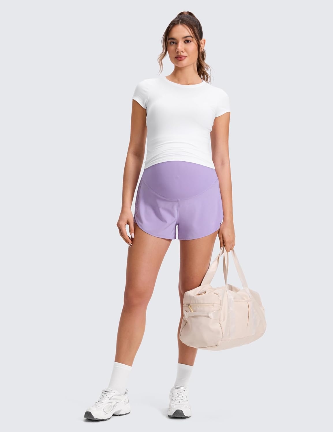 image:imageCRZ YOGA Lightweight Maternity Dolphin Workout Shorts 3 Soft Athletic Running Casual Womens Pregnancy with Liner PocketsLilac