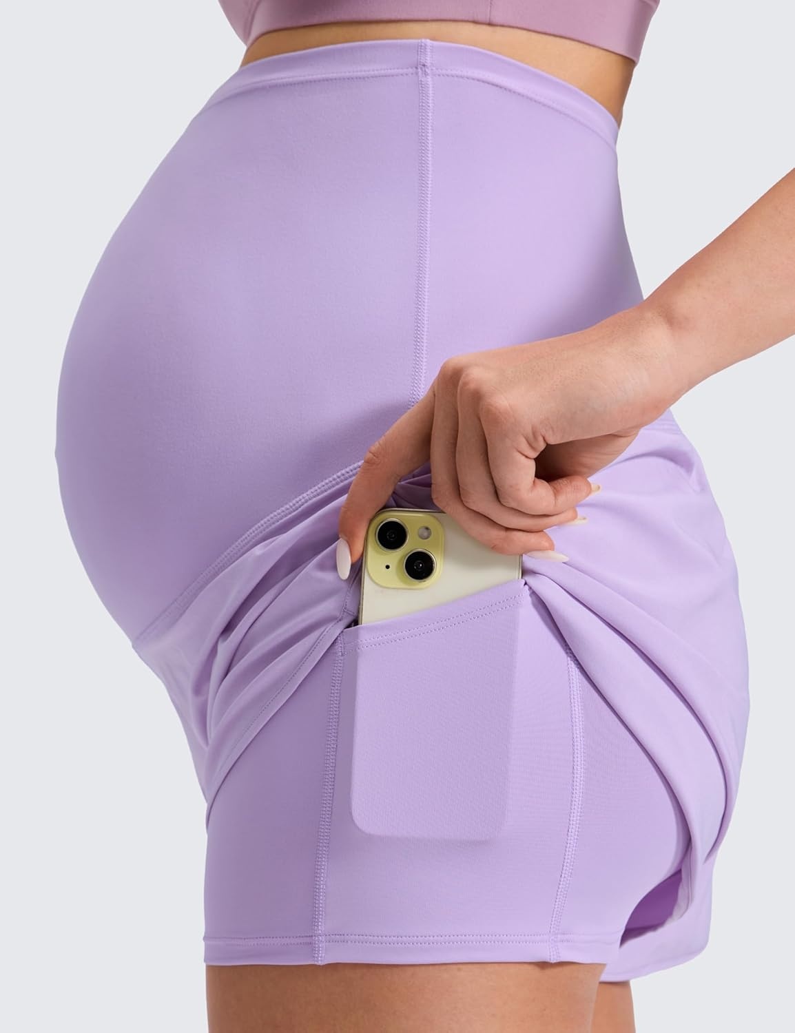 image:imageCRZ YOGA Lightweight Maternity Dolphin Workout Shorts 3 Soft Athletic Running Casual Womens Pregnancy with Liner PocketsLilac
