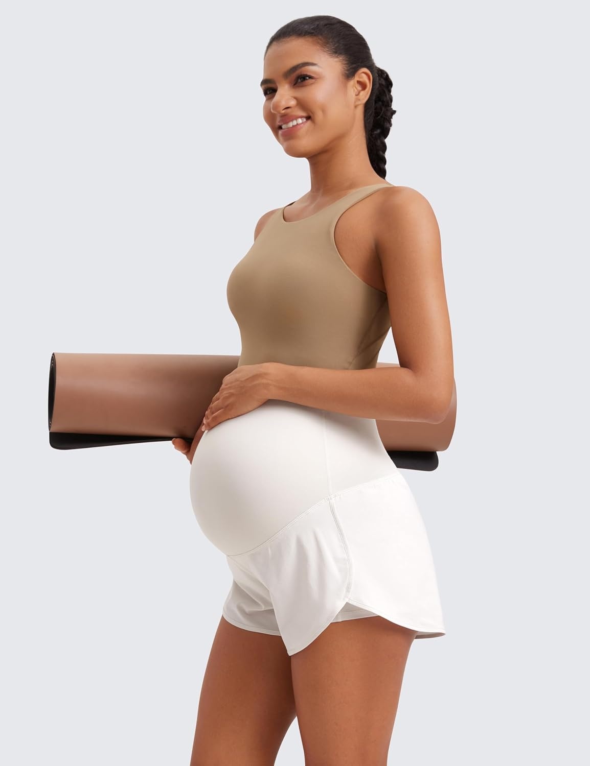 image:imageCRZ YOGA Lightweight Maternity Dolphin Workout Shorts 3 Soft Athletic Running Casual Womens Pregnancy with Liner PocketsMilky White