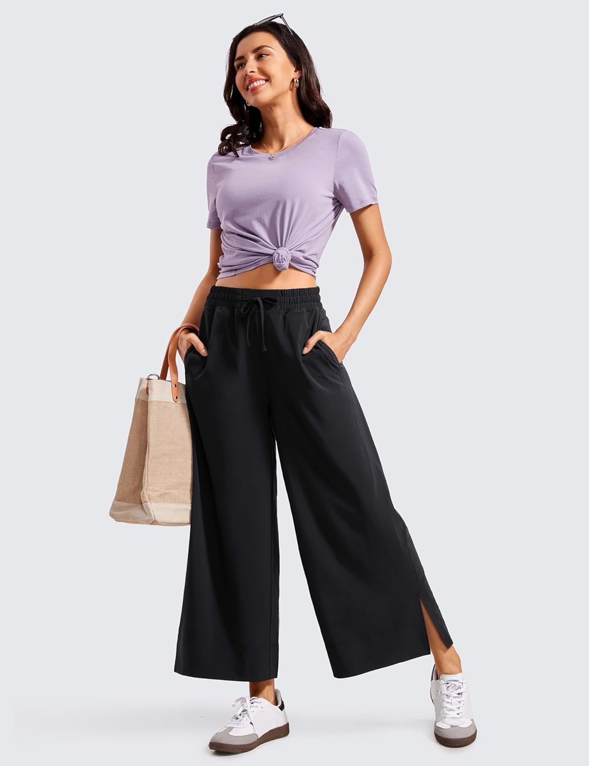 image:imageCRZ YOGA Lightweight Wide Leg Cropped Pants for Women 25 Casual Travel Work Sweatpants SummerBlack