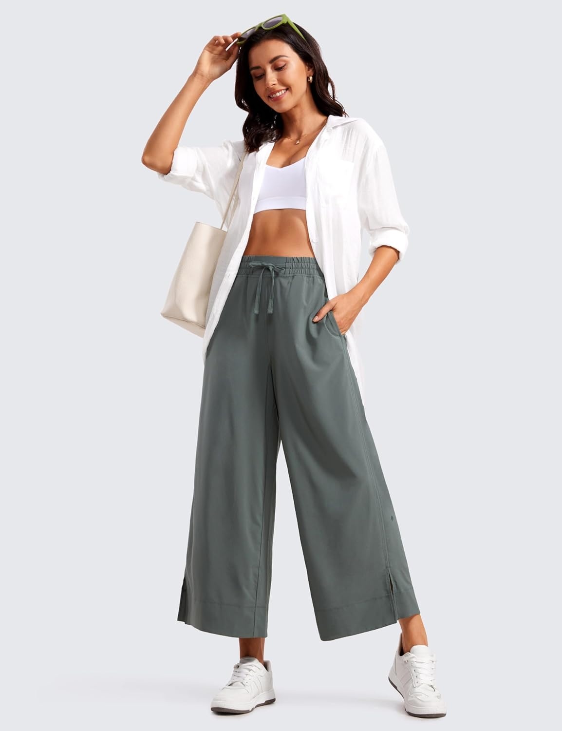 image:imageCRZ YOGA Lightweight Wide Leg Cropped Pants for Women 25 Casual Travel Work Sweatpants SummerGrey Sage