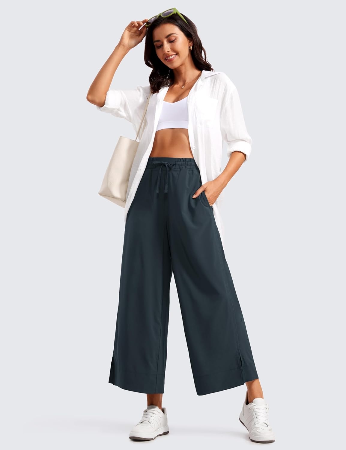 image:imageCRZ YOGA Lightweight Wide Leg Cropped Pants for Women 25 Casual Travel Work Sweatpants SummerTrue Navy