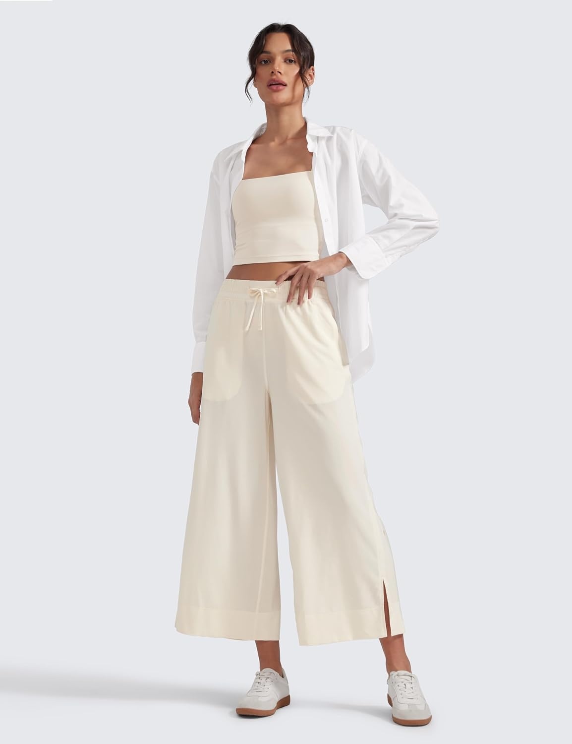 image:imageCRZ YOGA Lightweight Wide Leg Cropped Pants for Women 25 Casual Travel Work Sweatpants SummerWhite Apricot