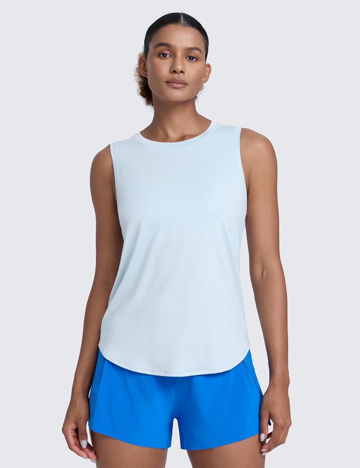image:imageCRZ YOGA Lightweight Workout Tank Tops for Women Athletic Running Sleeveless Shirts Racerback High Neck TShirtBlue Linen