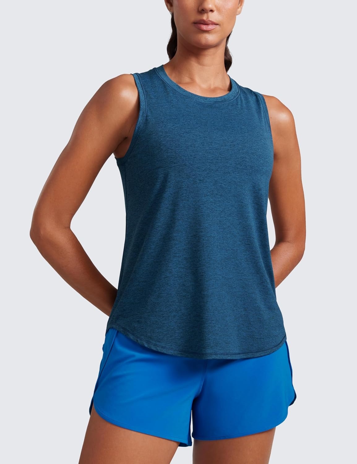image:imageCRZ YOGA Lightweight Workout Tank Tops for Women Athletic Running Sleeveless Shirts Racerback High Neck TShirtNight Blue Heather