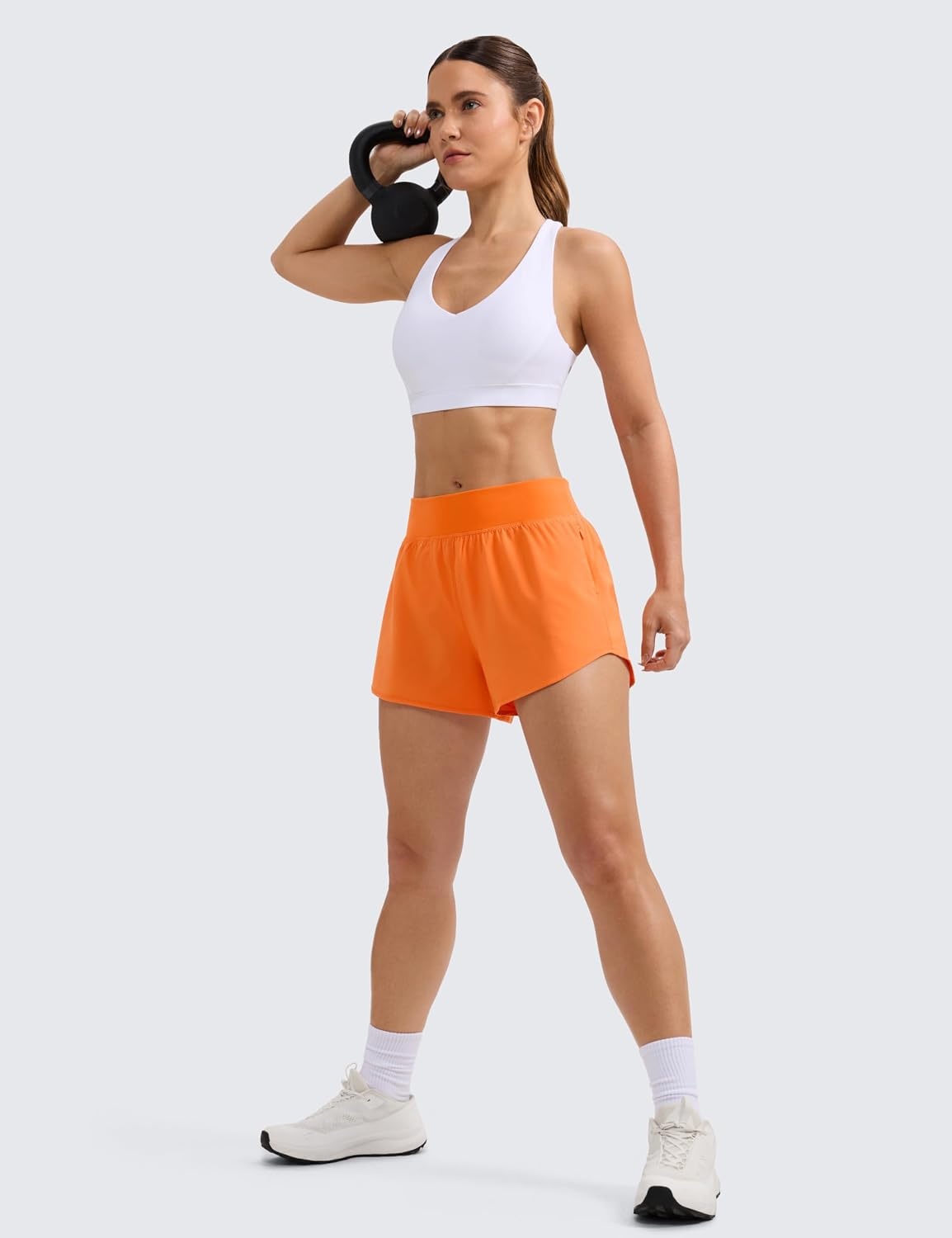 image:imageCRZ YOGA Mid Flat Waisted Running Shorts for Women 3 Mesh Liner Quick Dry for Workout Sport Athletic with Zipper PocketSparkle Orange