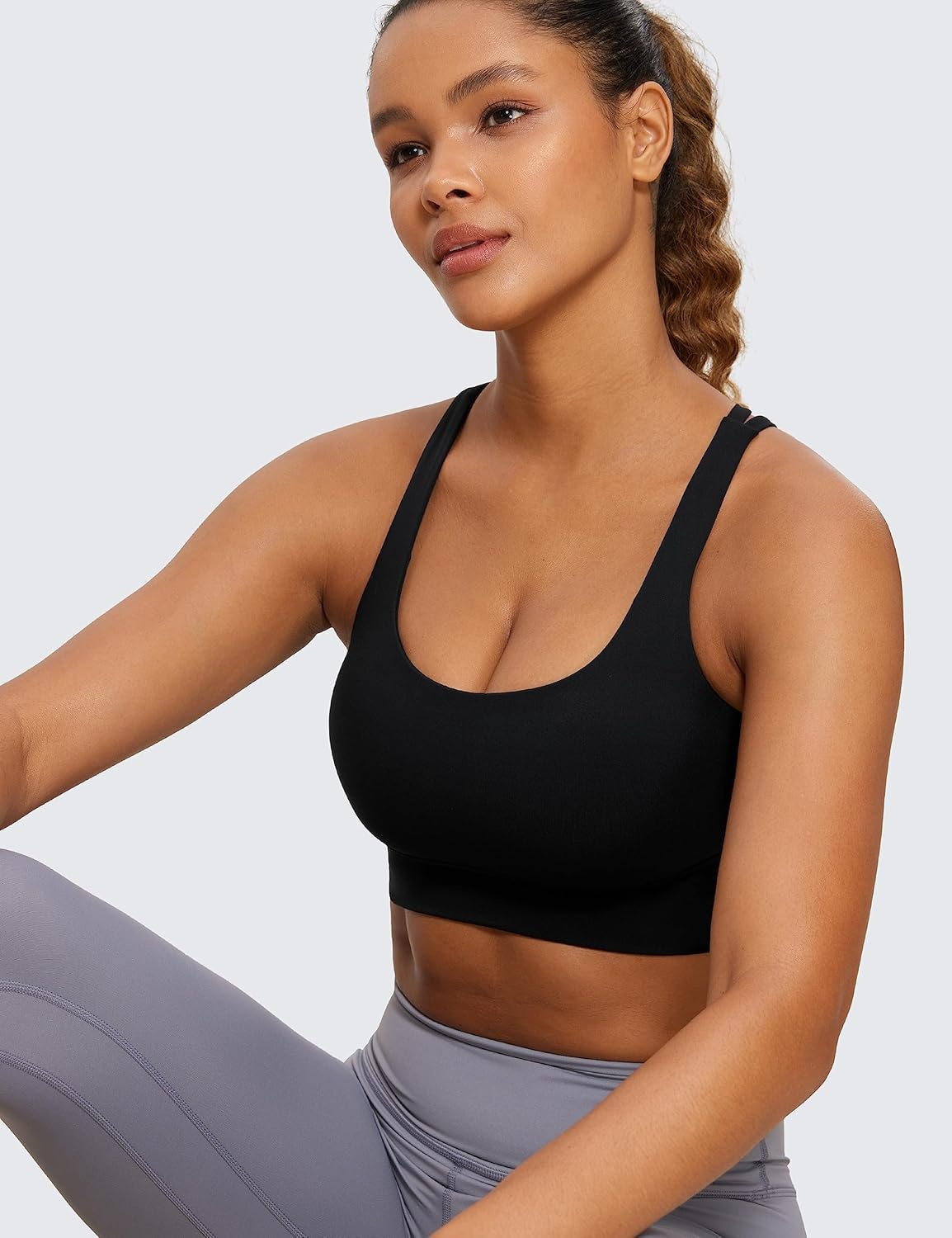 image:imageCRZ YOGA Naked Feeling Strappy Longline Sports Bras for Women Medium Impact Criss Cross Yoga Padded Workout Crop TopBlack