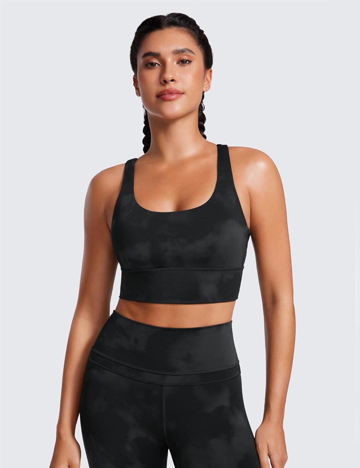 image:imageCRZ YOGA Naked Feeling Strappy Longline Sports Bras for Women Medium Impact Criss Cross Yoga Padded Workout Crop TopBlack Tie Dye Flowers