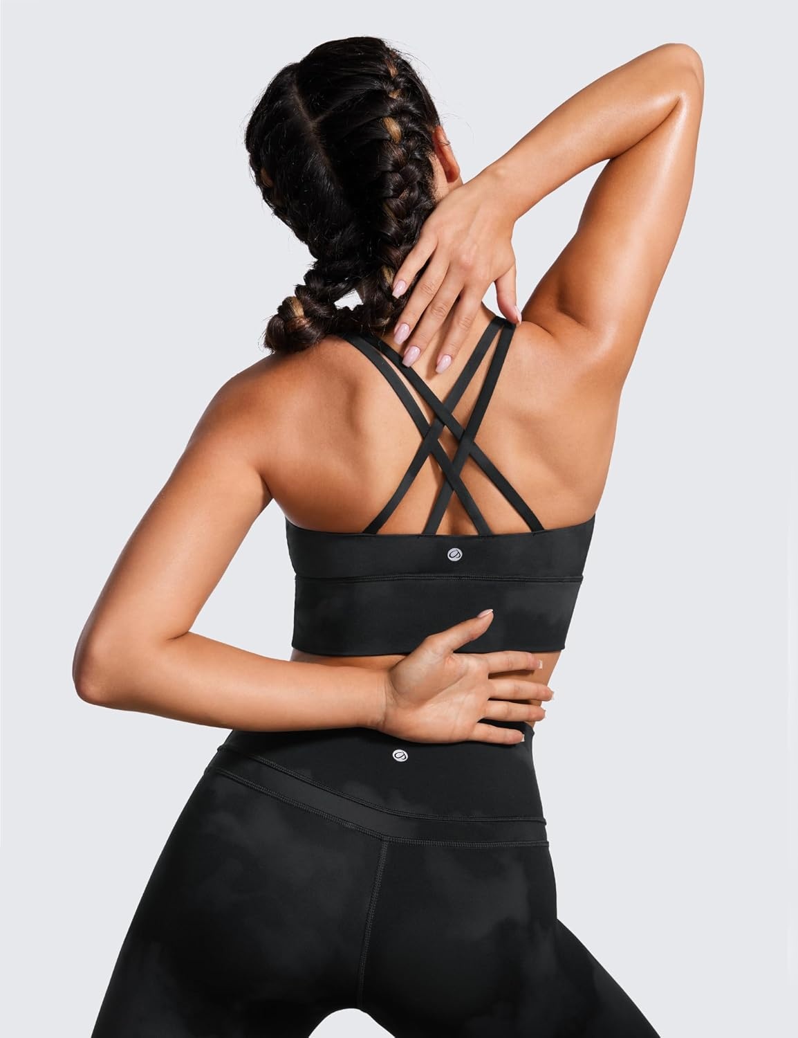 image:imageCRZ YOGA Naked Feeling Strappy Longline Sports Bras for Women Medium Impact Criss Cross Yoga Padded Workout Crop TopBlack Tie Dye Flowers