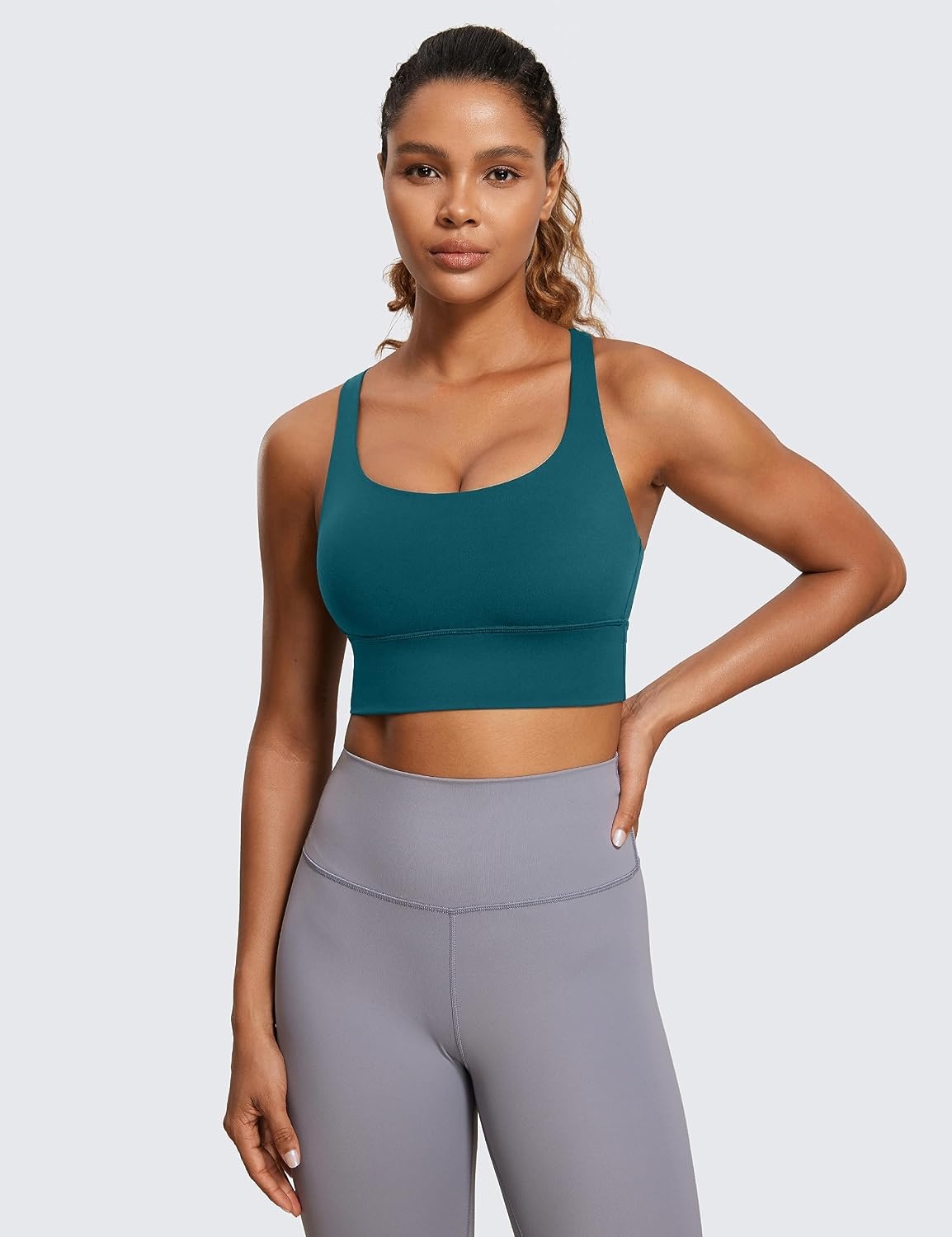 image:imageCRZ YOGA Naked Feeling Strappy Longline Sports Bras for Women Medium Impact Criss Cross Yoga Padded Workout Crop TopBorealis Green