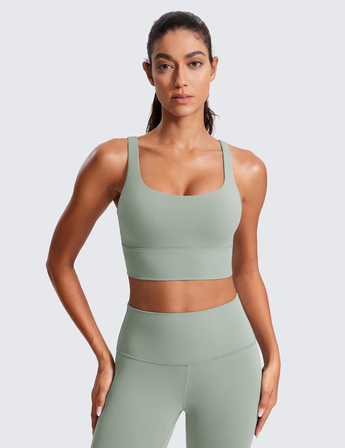 image:imageCRZ YOGA Naked Feeling Strappy Longline Sports Bras for Women Medium Impact Criss Cross Yoga Padded Workout Crop TopGreen Palm Court