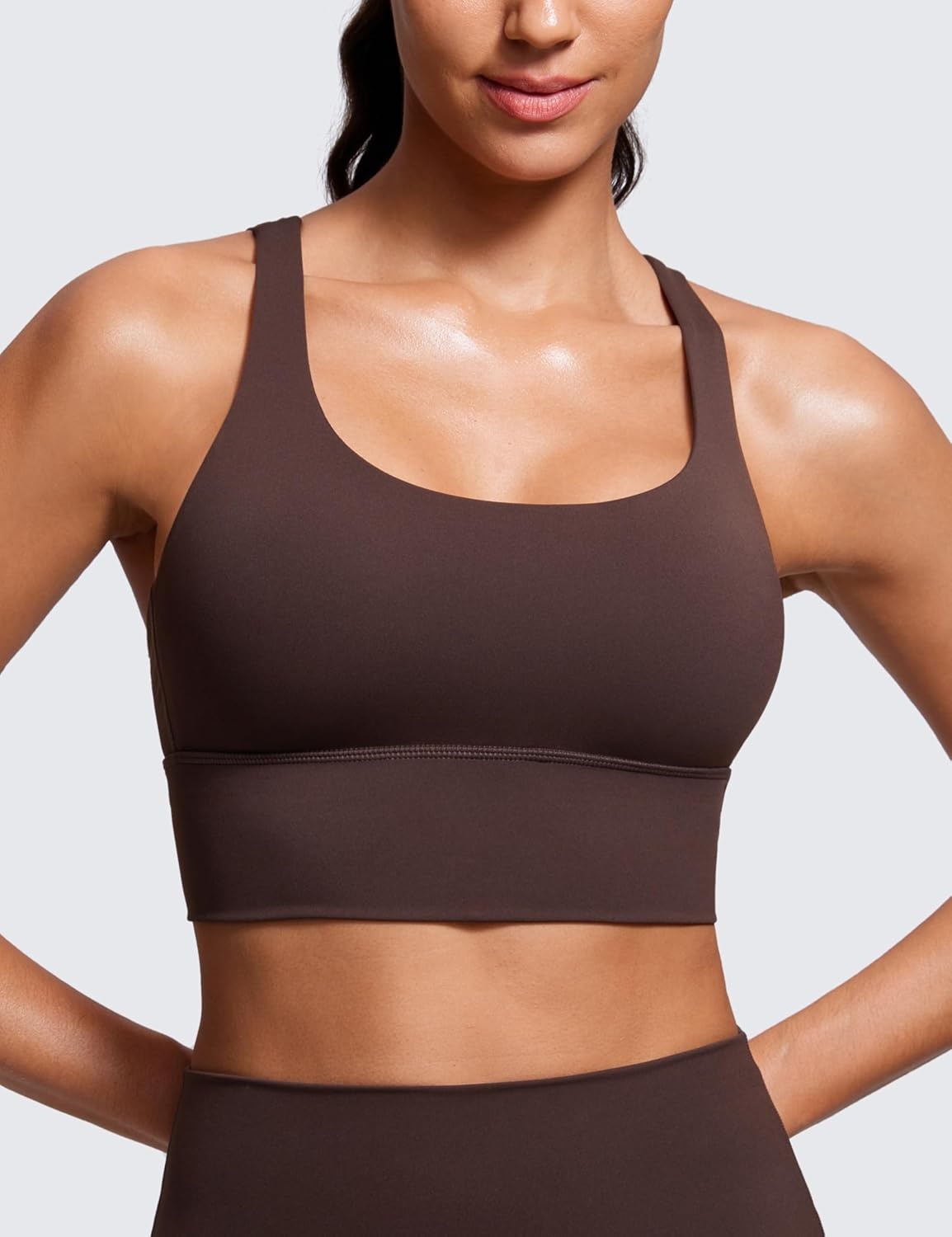 image:imageCRZ YOGA Naked Feeling Strappy Longline Sports Bras for Women Medium Impact Criss Cross Yoga Padded Workout Crop TopHot Fudge Brown