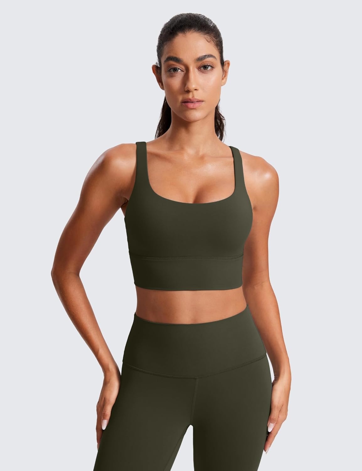 image:imageCRZ YOGA Naked Feeling Strappy Longline Sports Bras for Women Medium Impact Criss Cross Yoga Padded Workout Crop TopOlive Green