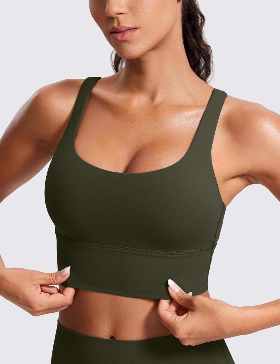 image:imageCRZ YOGA Naked Feeling Strappy Longline Sports Bras for Women Medium Impact Criss Cross Yoga Padded Workout Crop TopOlive Green