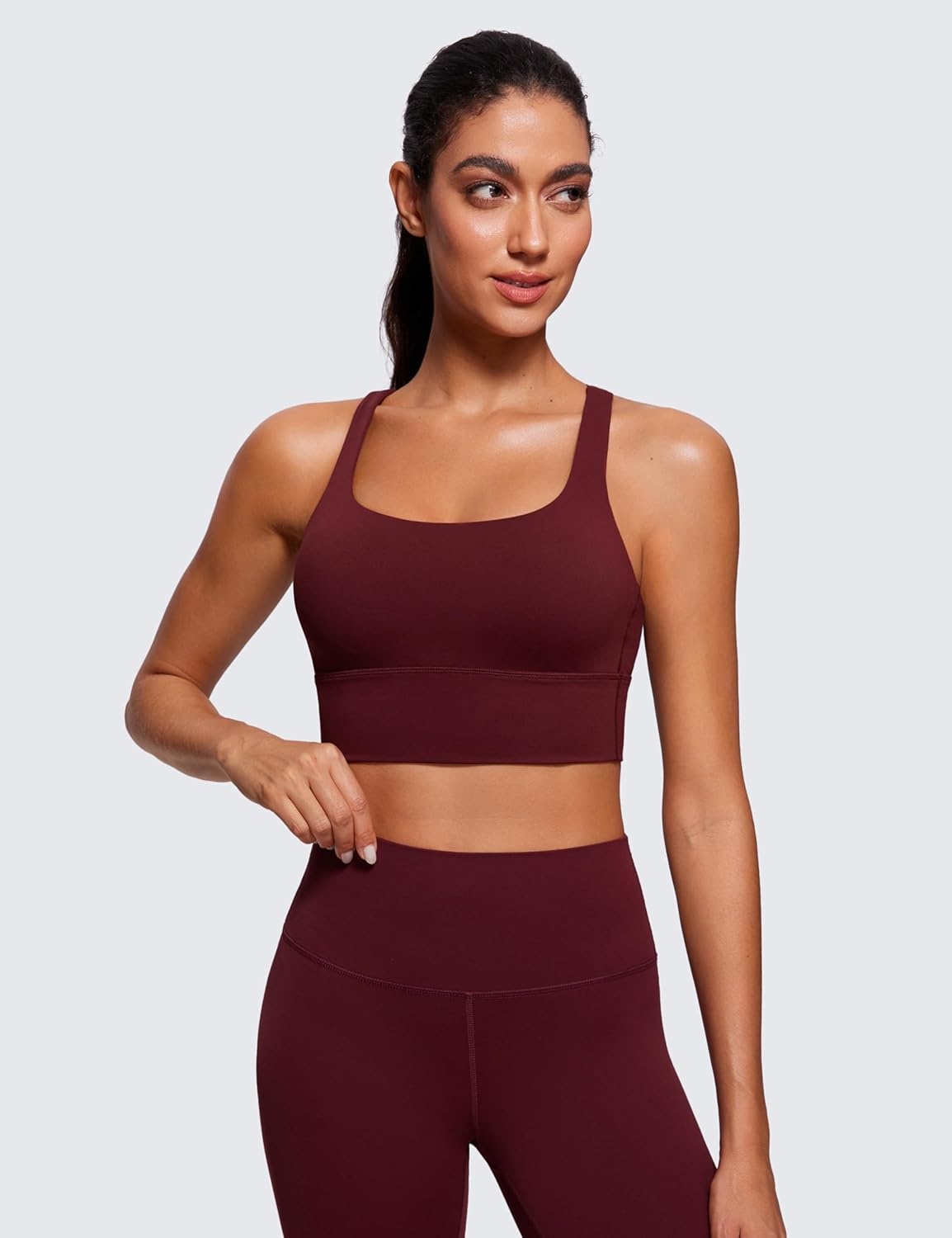 image:imageCRZ YOGA Naked Feeling Strappy Longline Sports Bras for Women Medium Impact Criss Cross Yoga Padded Workout Crop TopRed Merlot