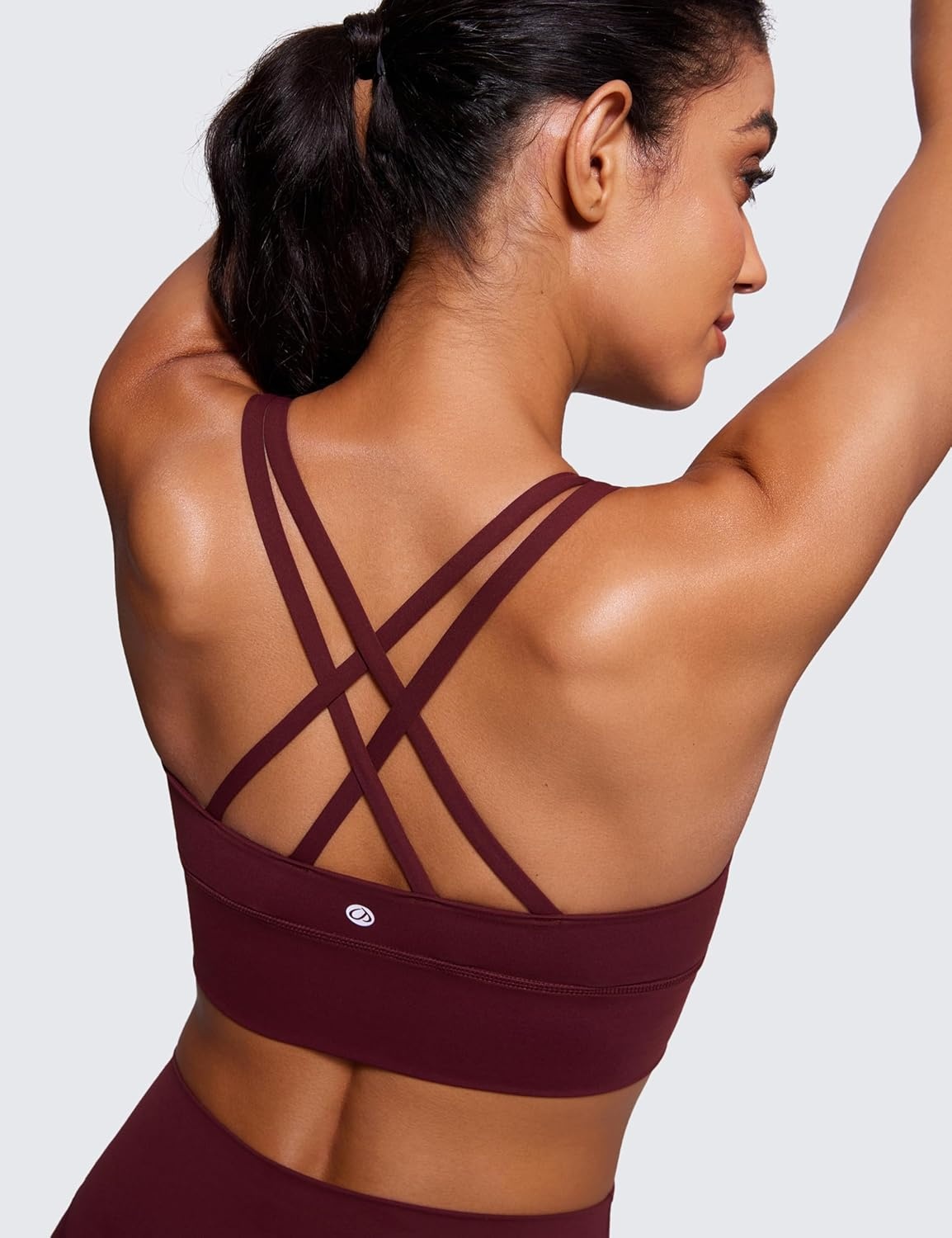 image:imageCRZ YOGA Naked Feeling Strappy Longline Sports Bras for Women Medium Impact Criss Cross Yoga Padded Workout Crop TopRed Merlot
