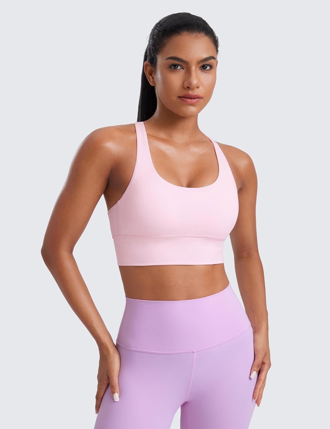 image:imageCRZ YOGA Naked Feeling Strappy Longline Sports Bras for Women Medium Impact Criss Cross Yoga Padded Workout Crop TopStrawberry Pink