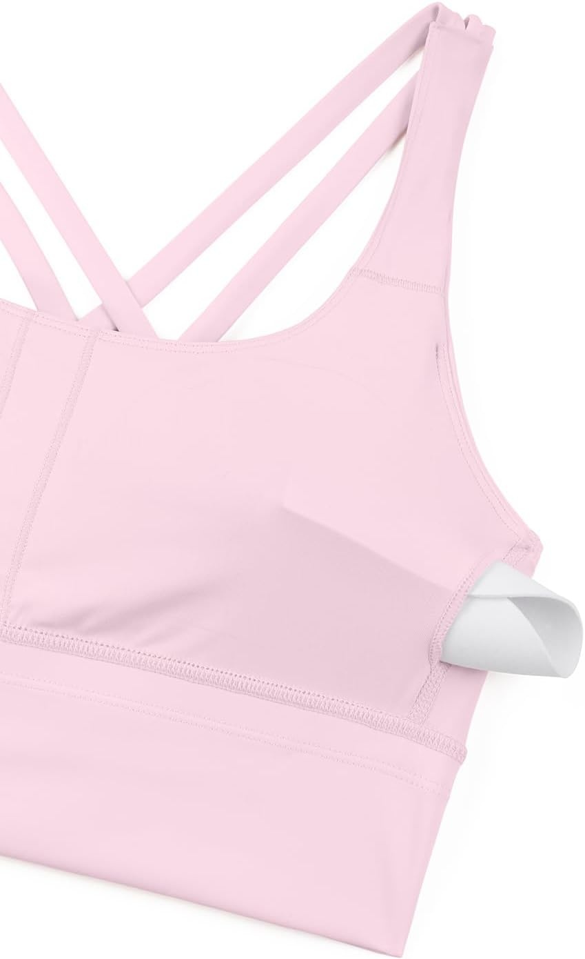 image:imageCRZ YOGA Naked Feeling Strappy Longline Sports Bras for Women Medium Impact Criss Cross Yoga Padded Workout Crop TopStrawberry Pink