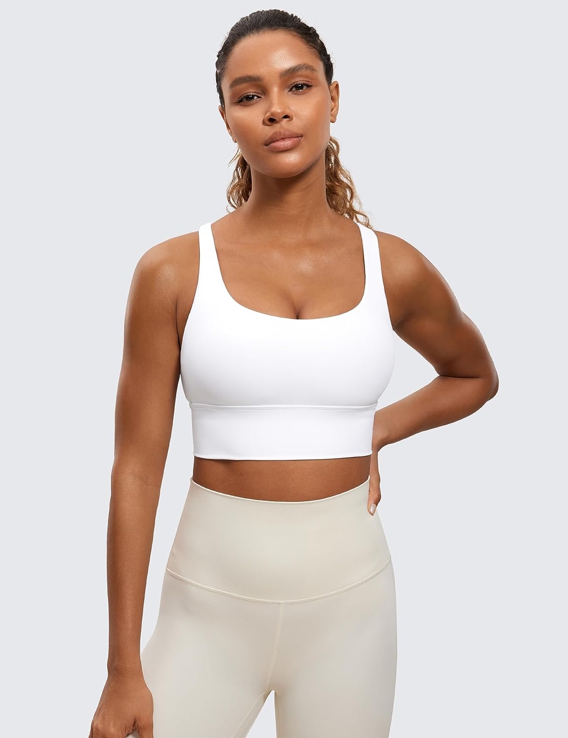 image:imageCRZ YOGA Naked Feeling Strappy Longline Sports Bras for Women Medium Impact Criss Cross Yoga Padded Workout Crop TopWhite