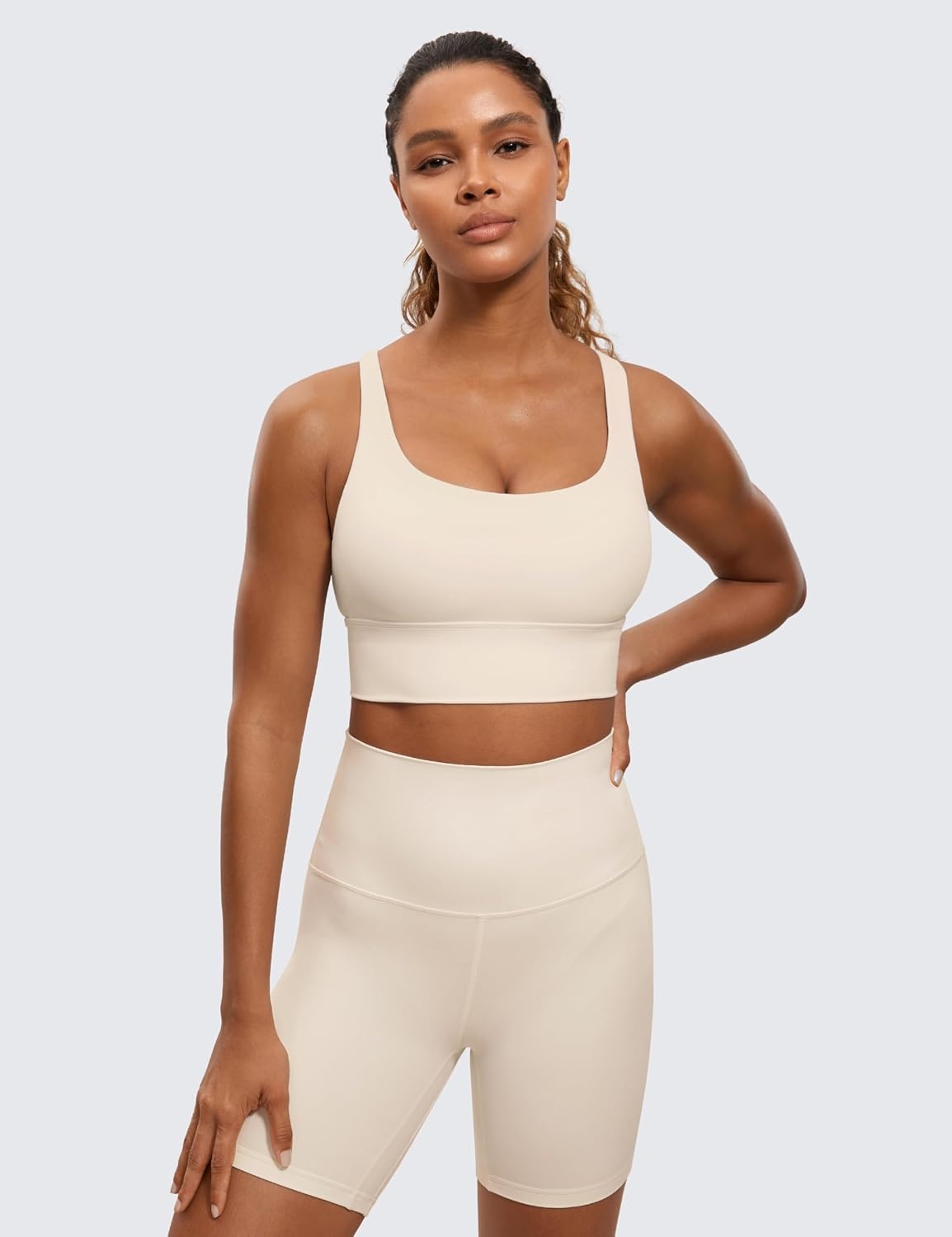 image:imageCRZ YOGA Naked Feeling Strappy Longline Sports Bras for Women Medium Impact Criss Cross Yoga Padded Workout Crop TopWhite Apricot