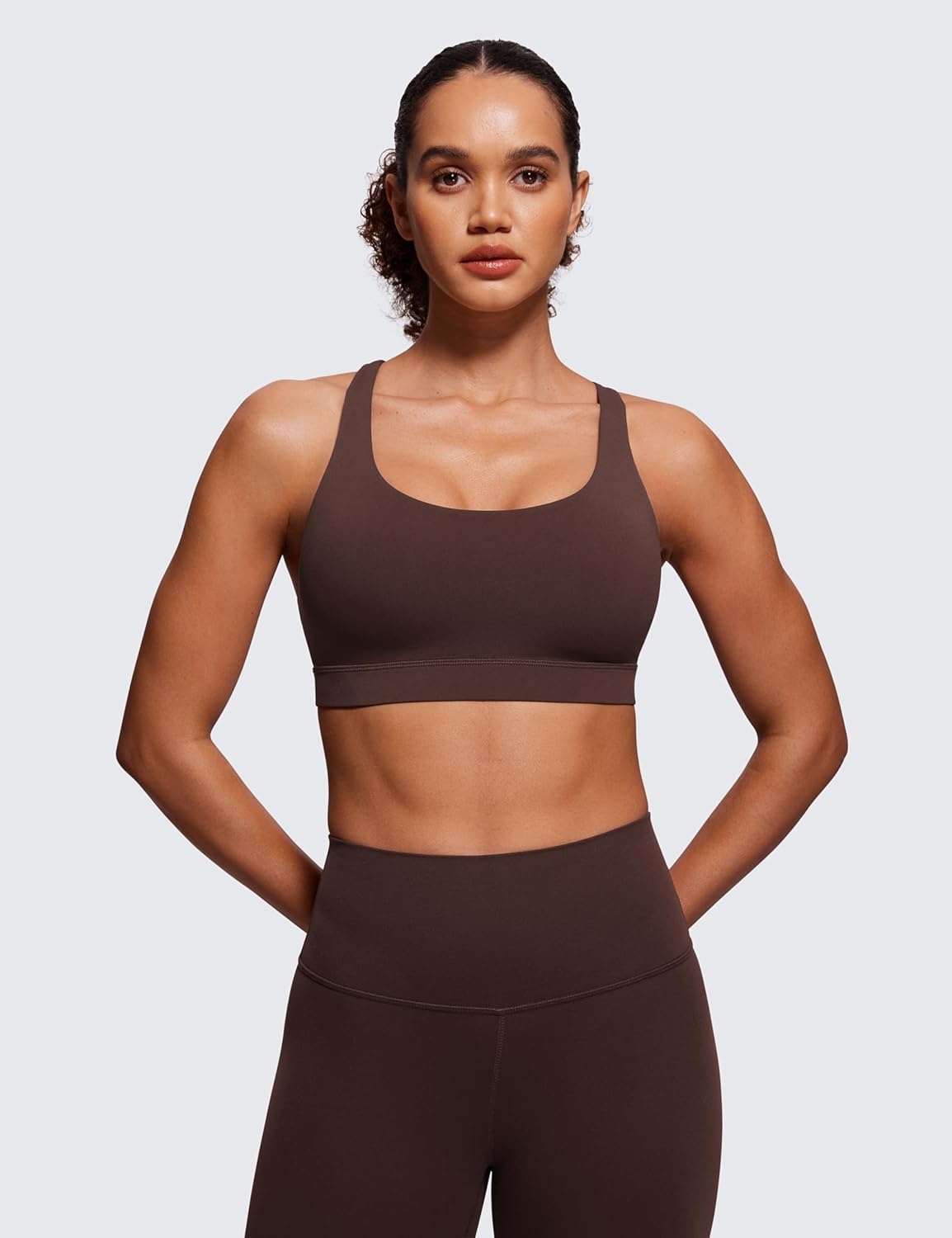 image:imageCRZ YOGA Naked Feeling Strappy Padded Sports Bras for Women Fitness Workout Top Criss Cross Back Yoga CamiHot Fudge Brown