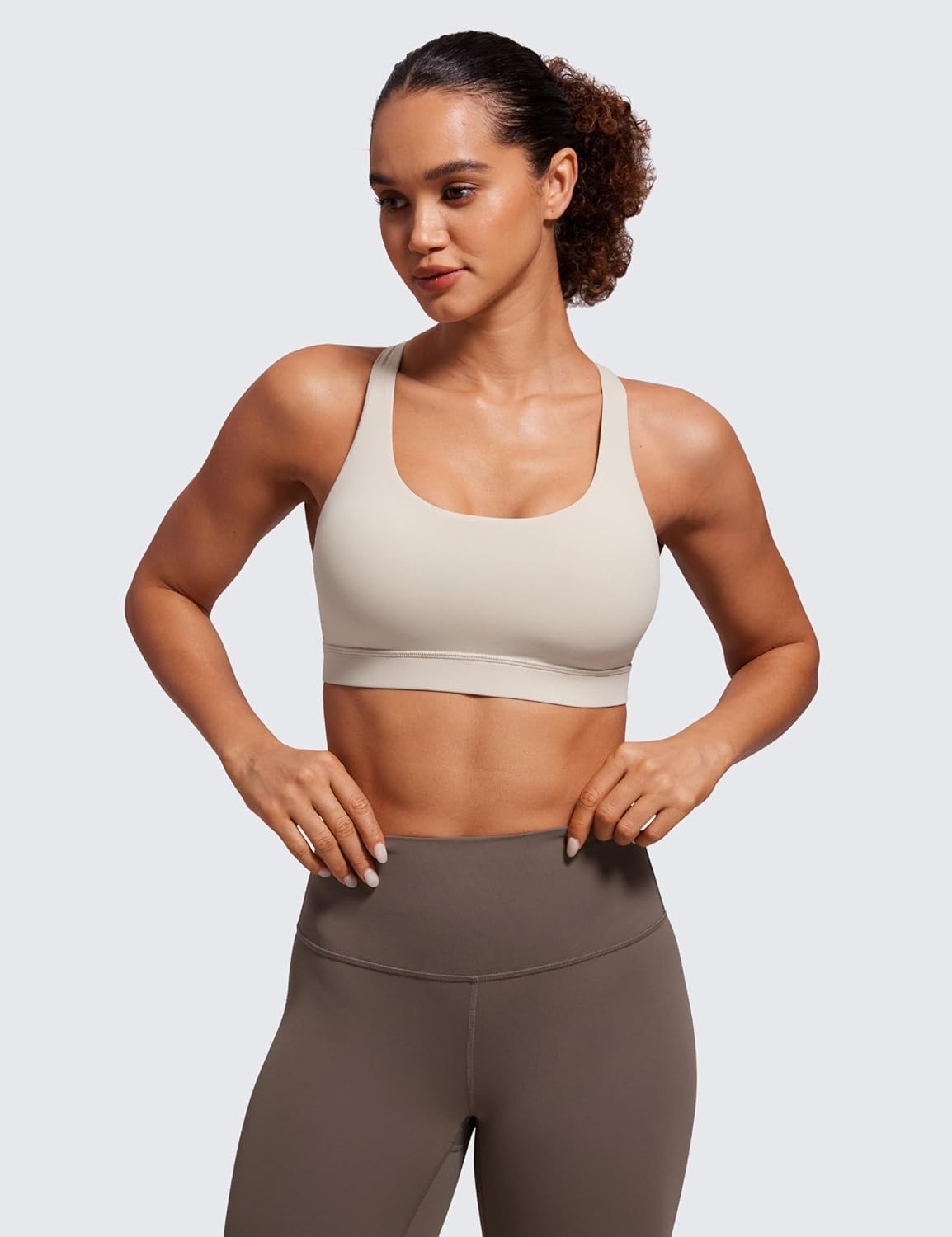 image:imageCRZ YOGA Naked Feeling Strappy Padded Sports Bras for Women Fitness Workout Top Criss Cross Back Yoga CamiMojave Tan