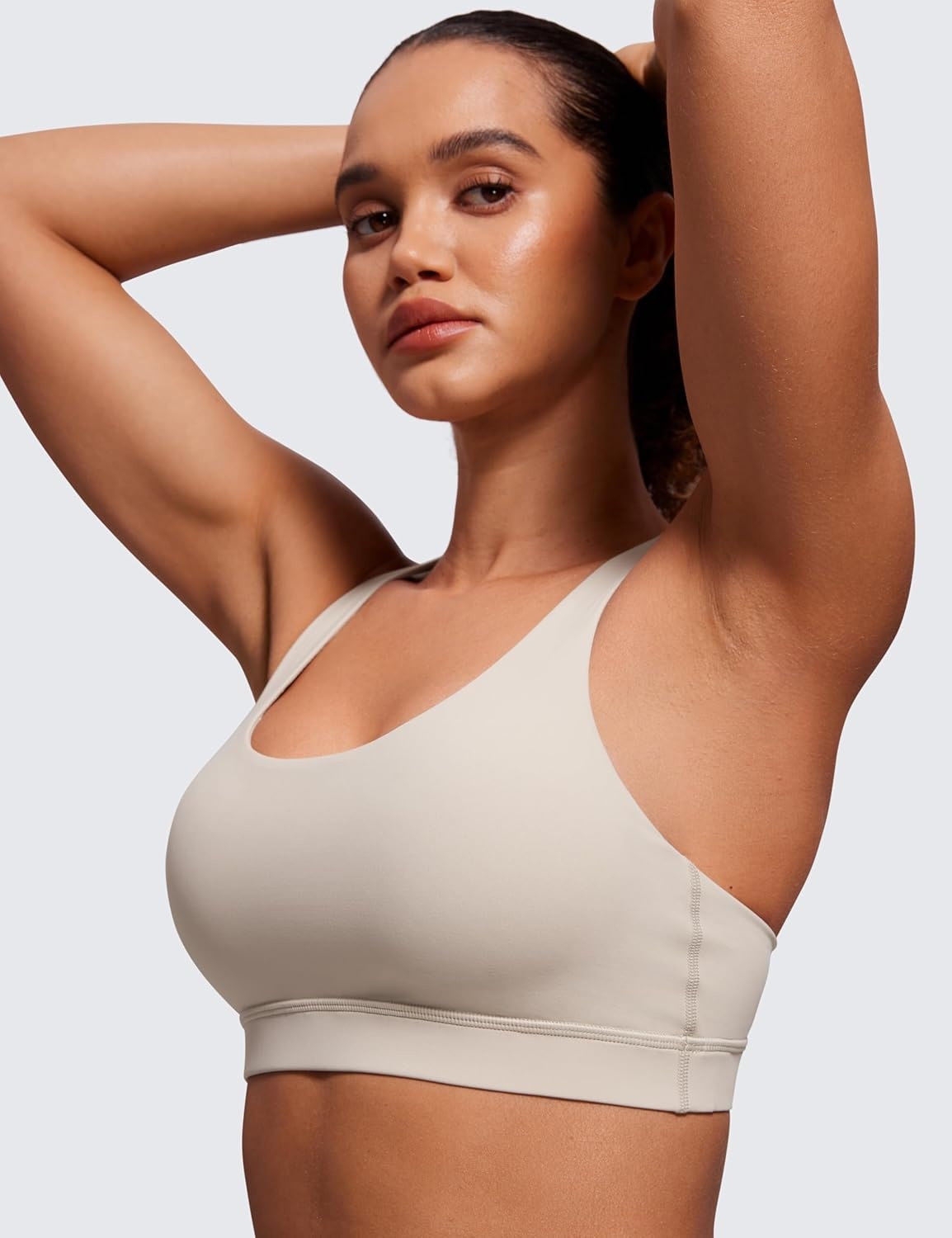 image:imageCRZ YOGA Naked Feeling Strappy Padded Sports Bras for Women Fitness Workout Top Criss Cross Back Yoga CamiMojave Tan
