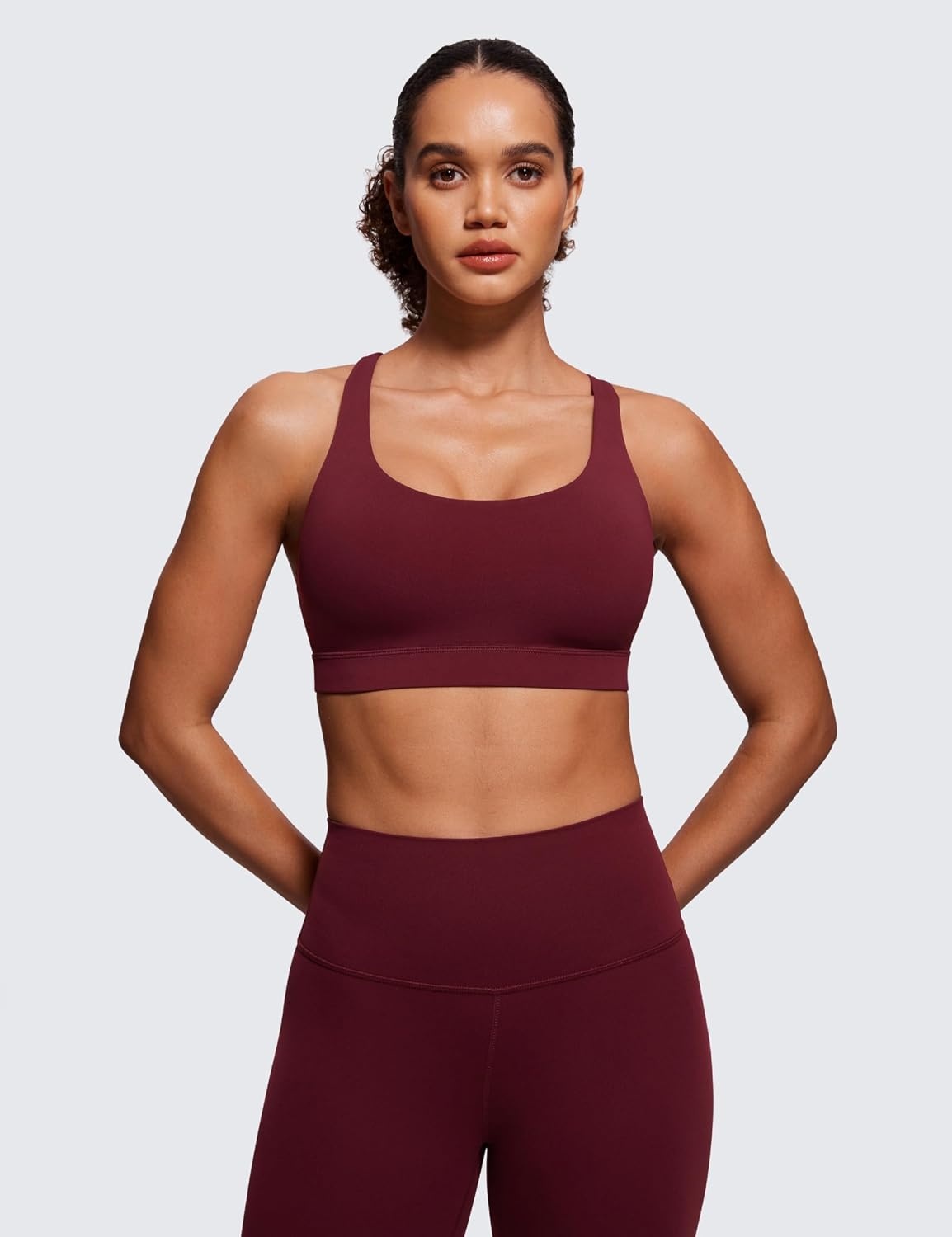 image:imageCRZ YOGA Naked Feeling Strappy Padded Sports Bras for Women Fitness Workout Top Criss Cross Back Yoga CamiRed Merlot